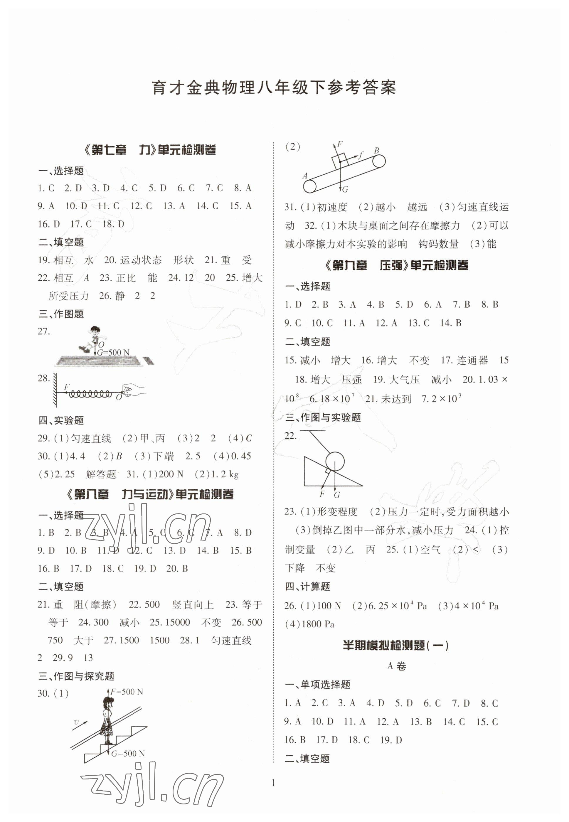 2023年育才金典八年级物理下册教科版 参考答案第1页