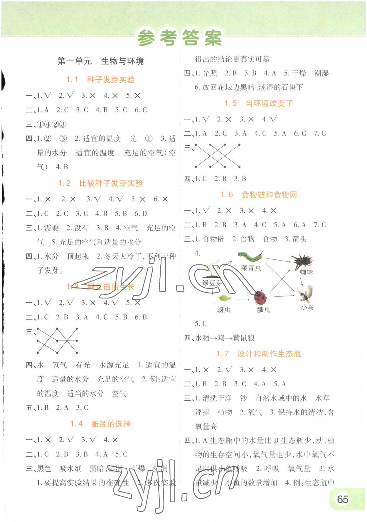 2023年黃岡同步練一日一練五年級(jí)科學(xué)下冊(cè)教科版 參考答案第1頁