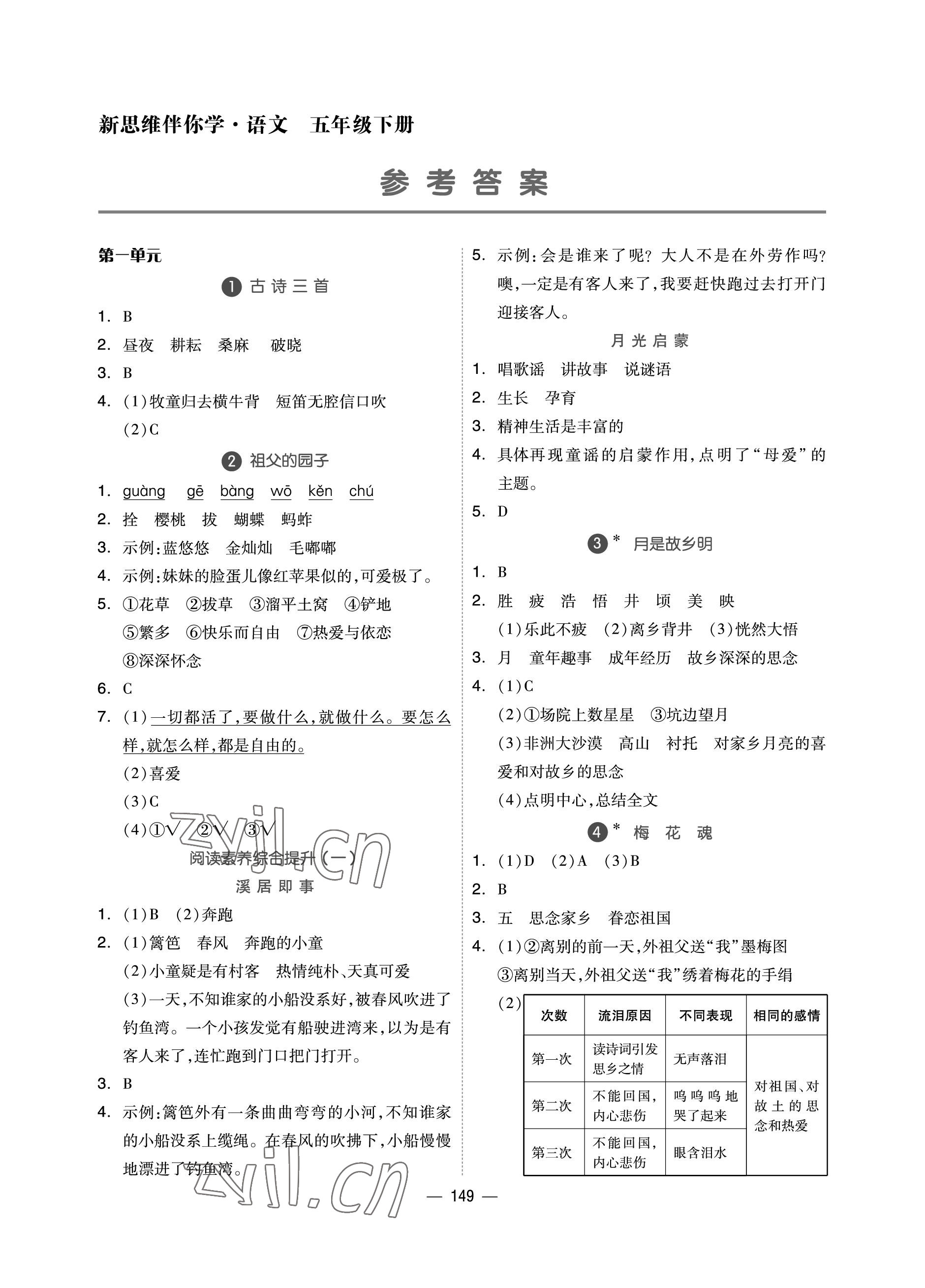 2023年新思维伴你学单元达标测试卷五年级语文下册人教版 参考答案第1页