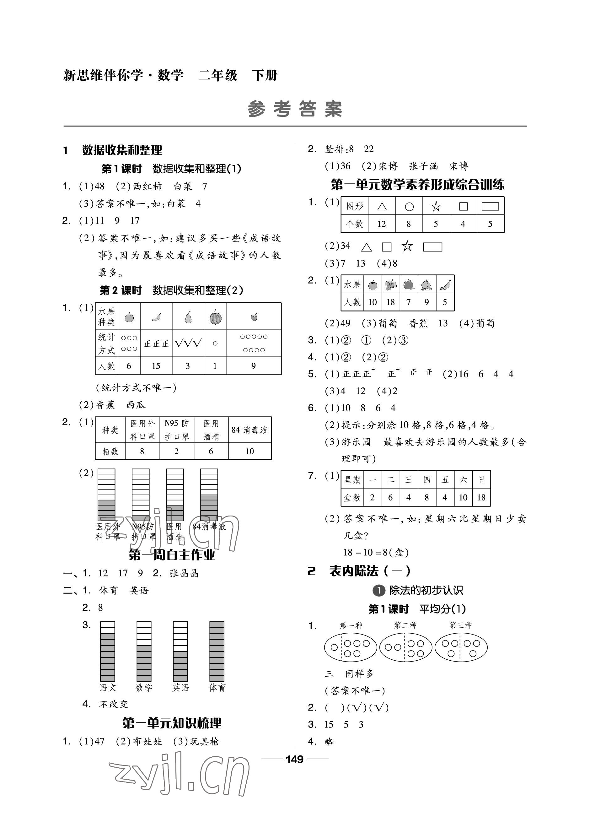 2023年新思维伴你学单元达标测试卷二年级数学下册人教版 参考答案第1页