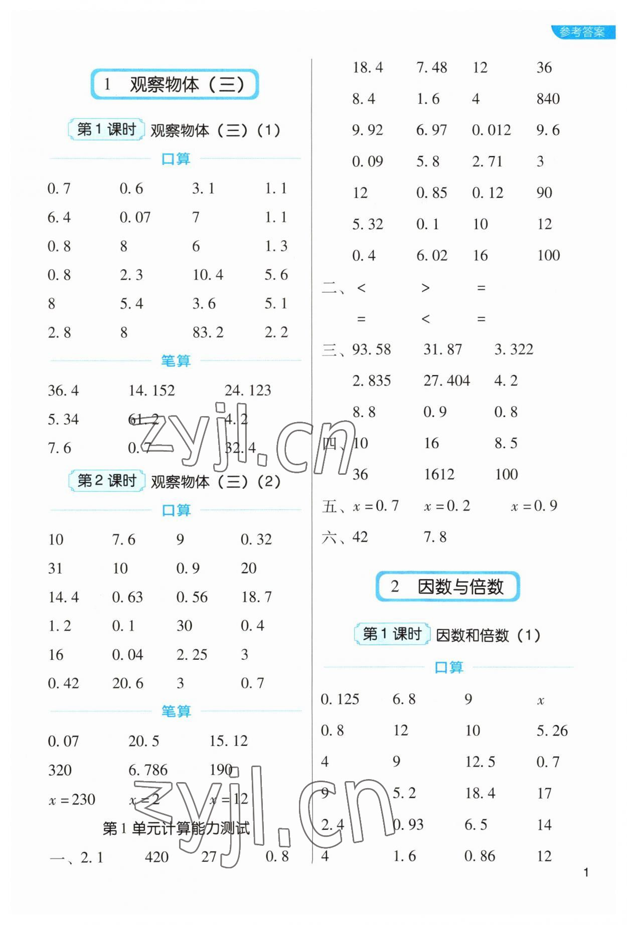 2023年新東方優(yōu)口算五年級(jí)數(shù)學(xué)下冊(cè)人教版 參考答案第1頁