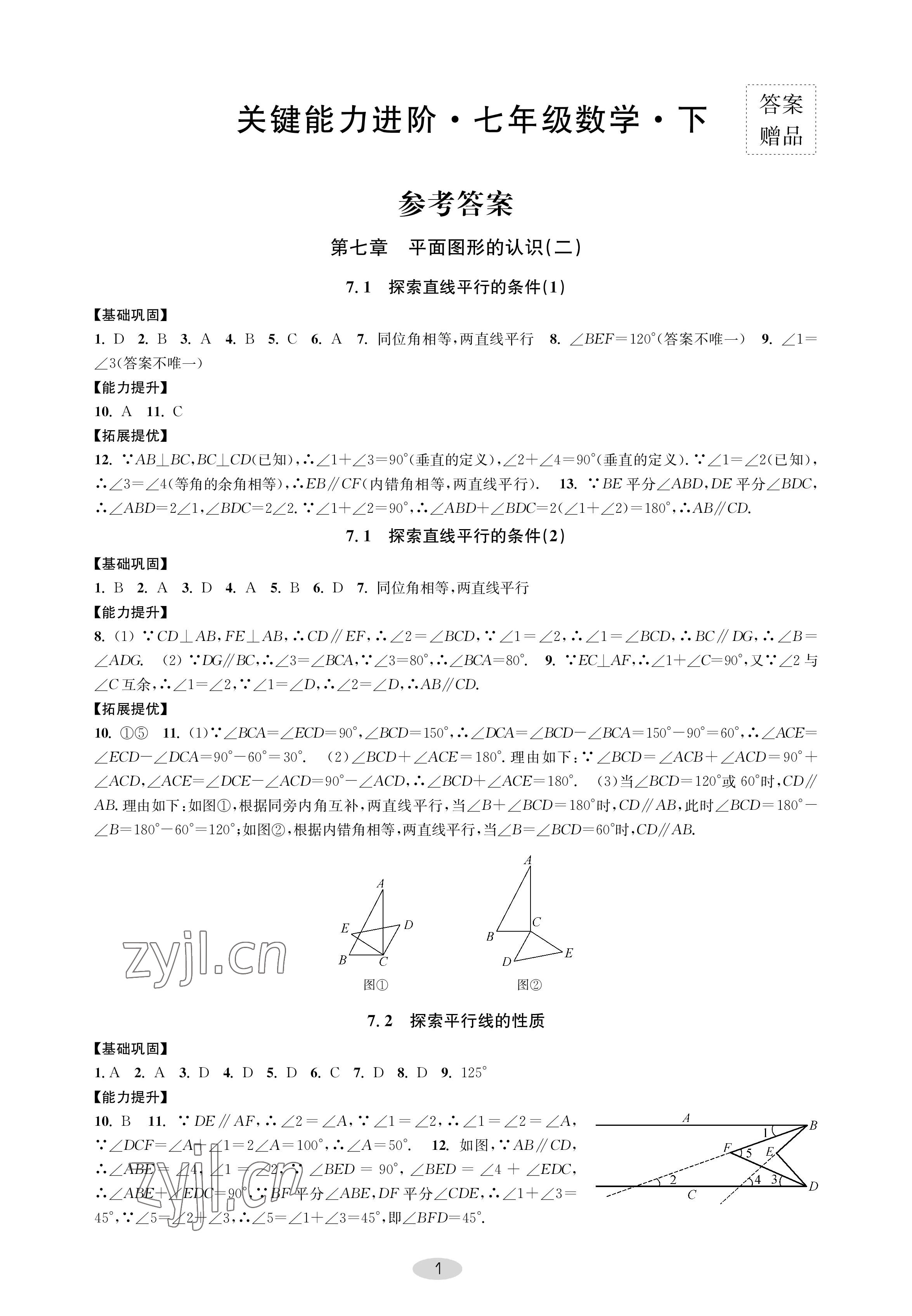 2023年關鍵能力進階七年級數學下冊蘇科版 參考答案第1頁