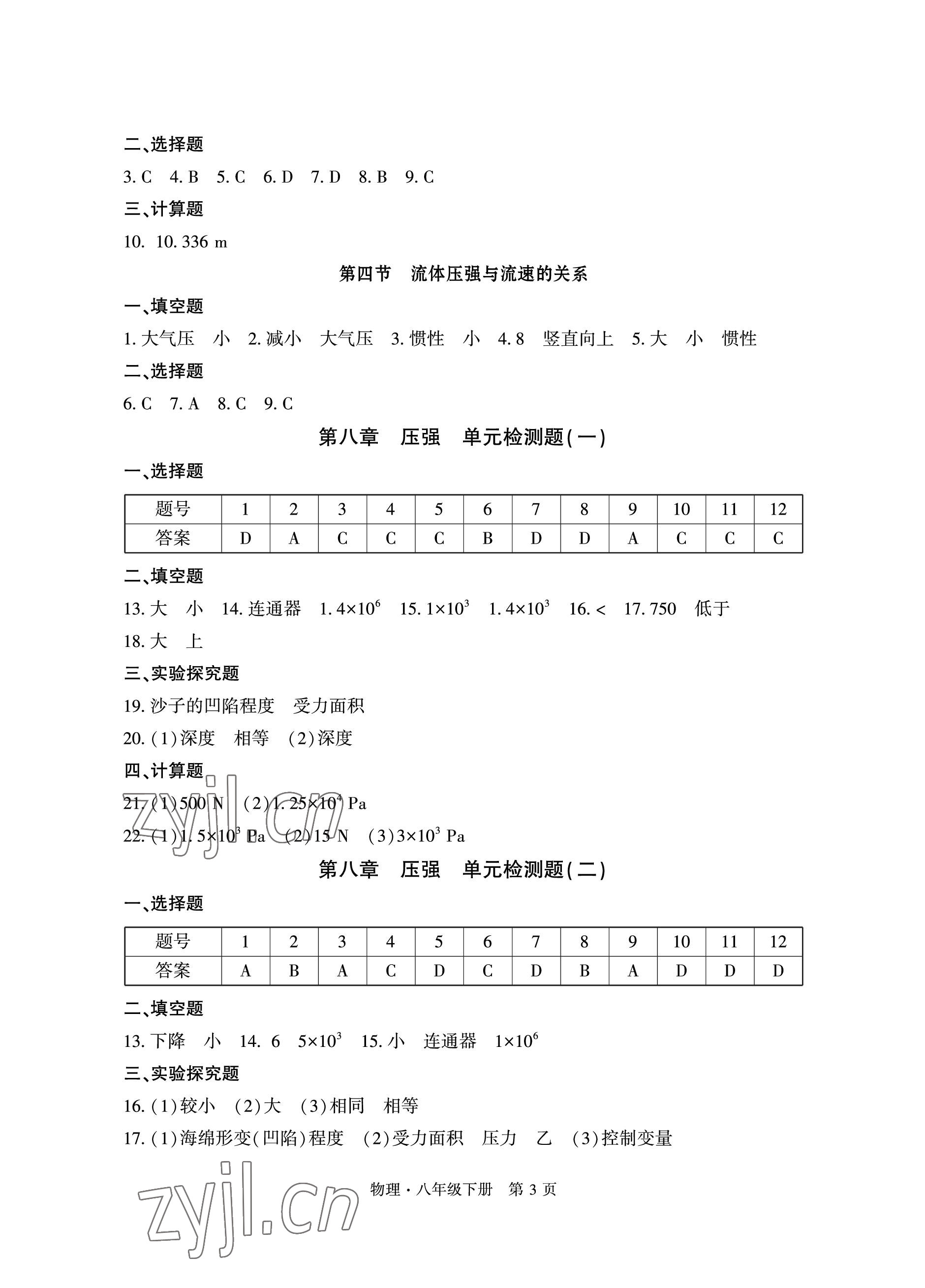 2023年初中同步練習(xí)冊自主測試卷八年級物理下冊滬科版 參考答案第3頁