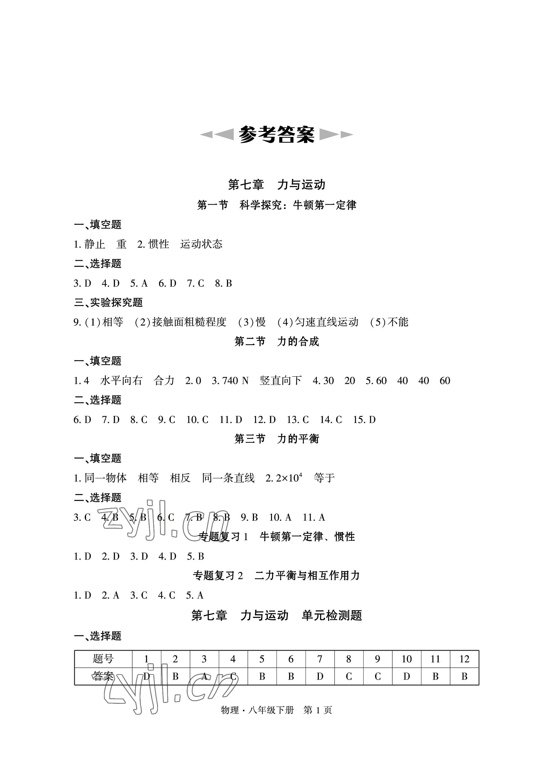 2023年初中同步練習(xí)冊自主測試卷八年級物理下冊滬科版 參考答案第1頁