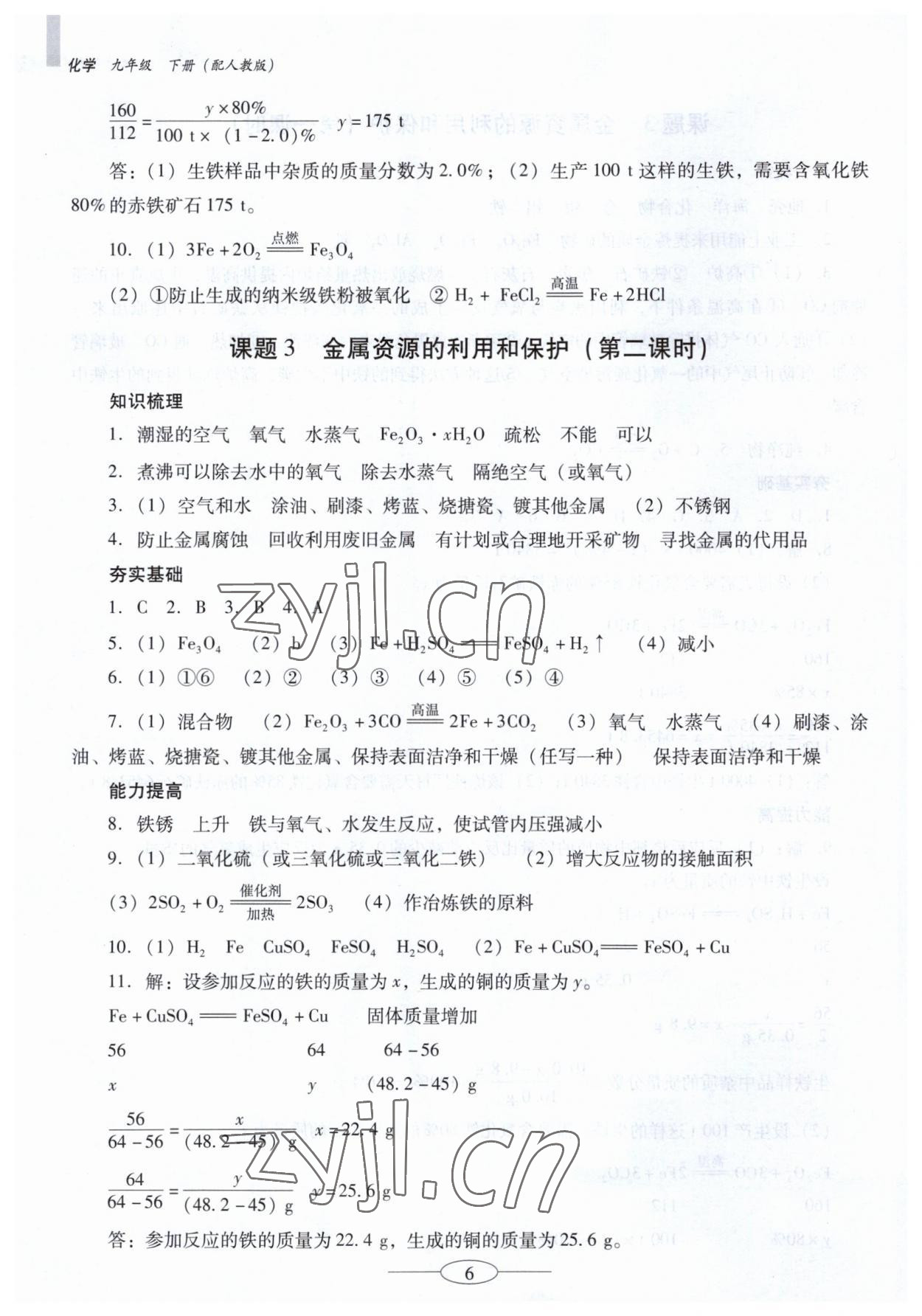 2023年南方新课堂金牌学案九年级化学下册人教版珠海专版 参考答案第6页