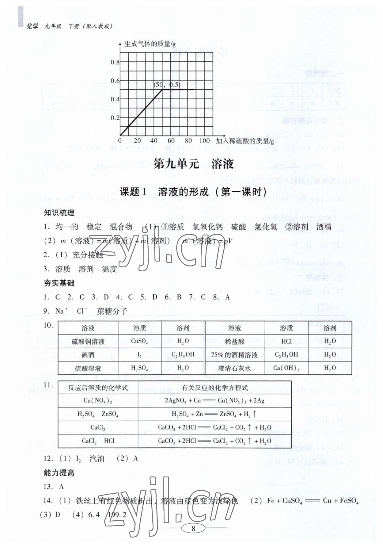 2023年南方新课堂金牌学案九年级化学下册人教版珠海专版 参考答案第8页