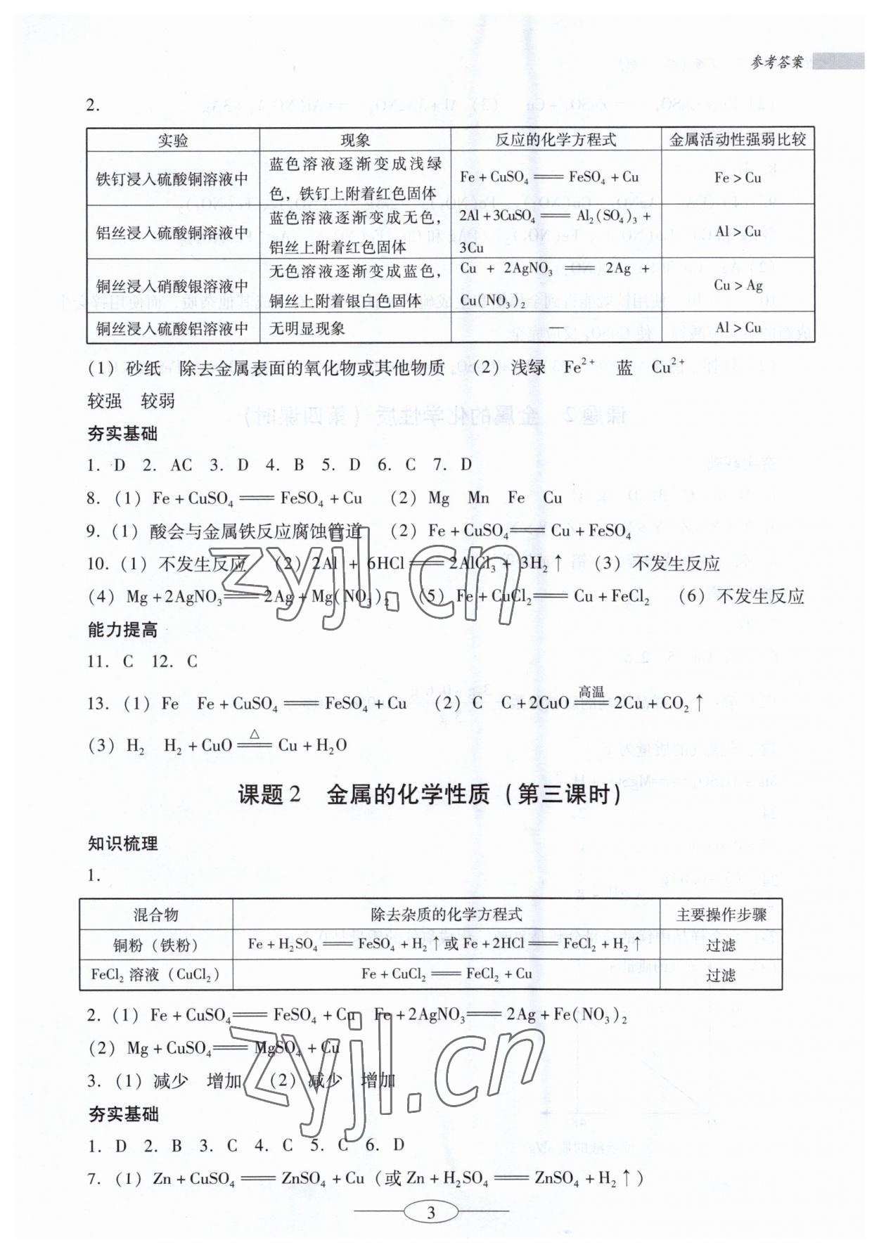 2023年南方新课堂金牌学案九年级化学下册人教版珠海专版 参考答案第3页