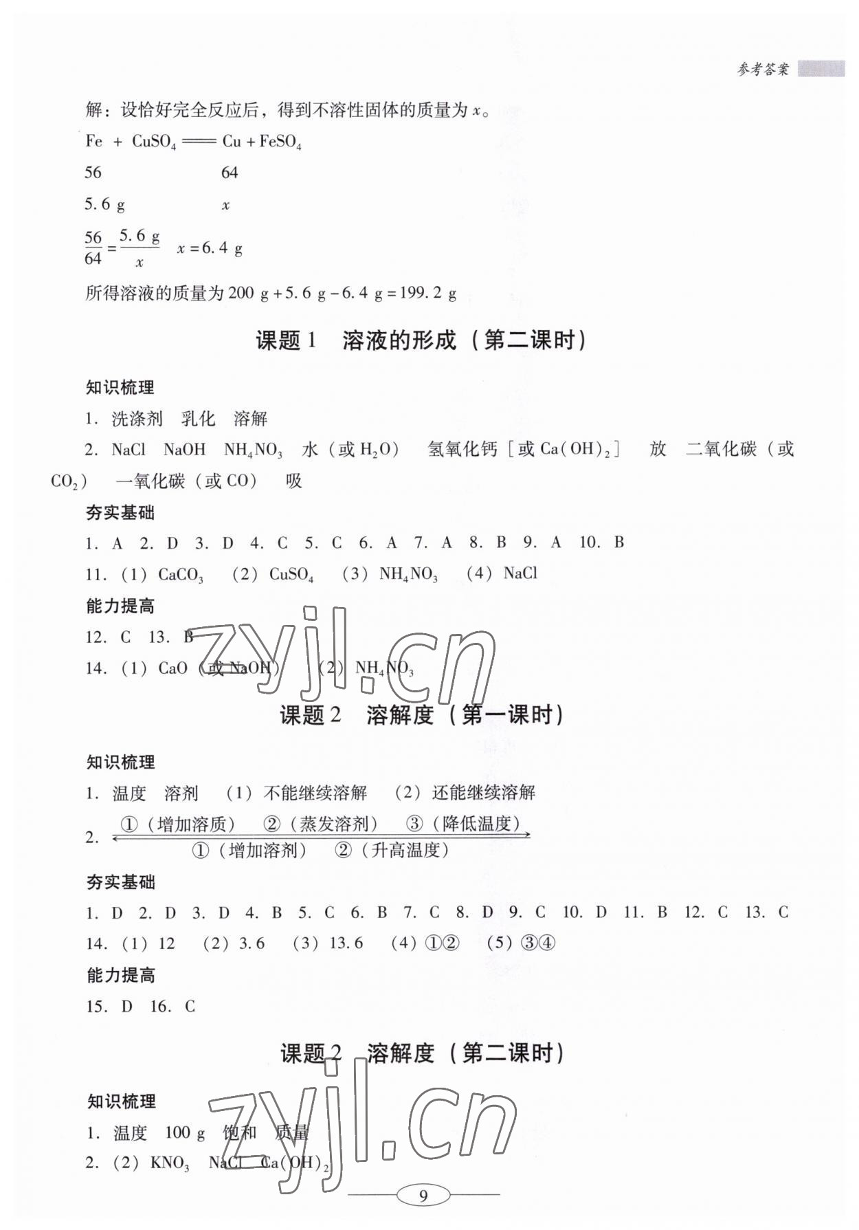 2023年南方新课堂金牌学案九年级化学下册人教版珠海专版 参考答案第9页