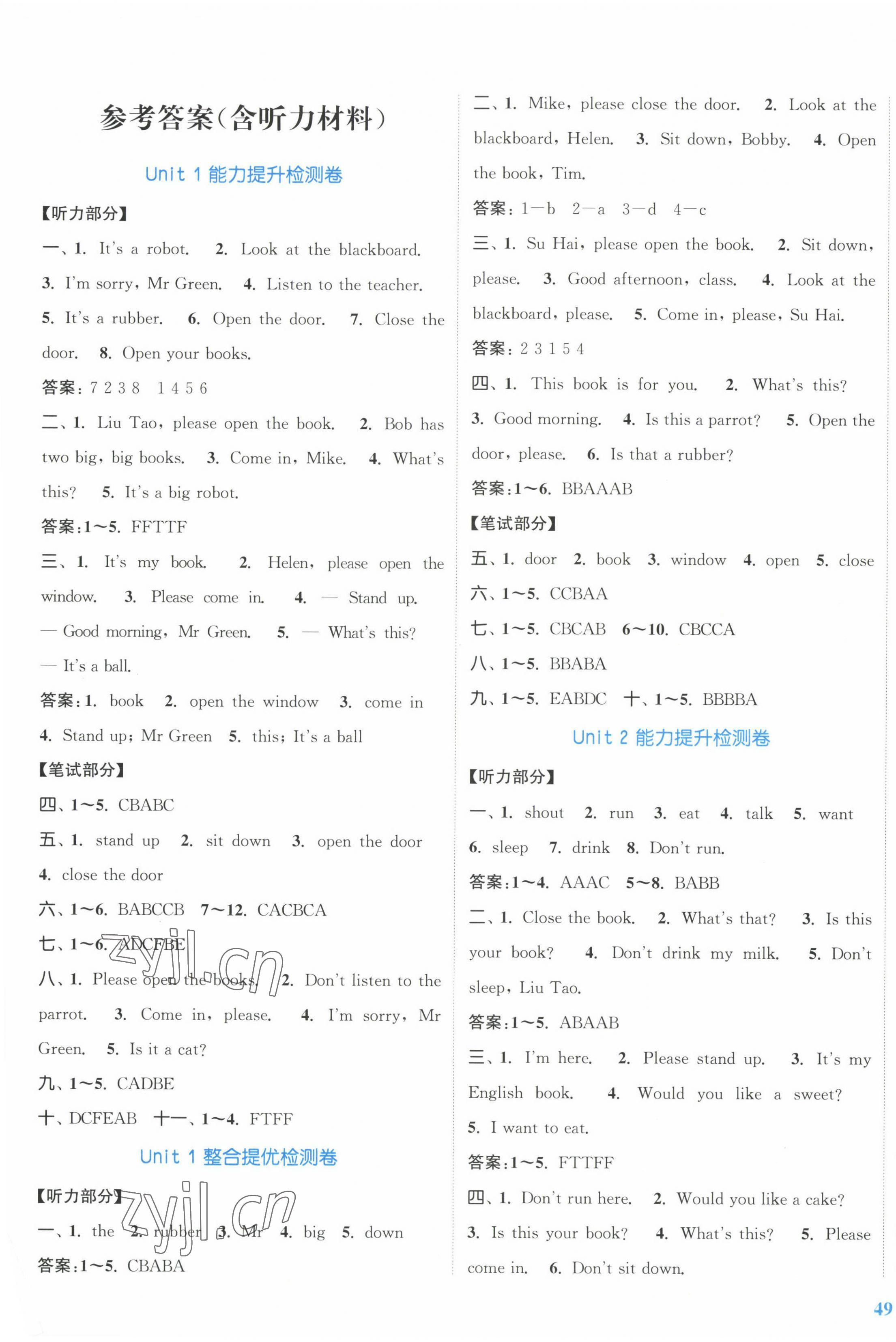 2023年復習金卷同步跟蹤大試卷三年級英語下冊譯林版提優版 參考答案第1頁