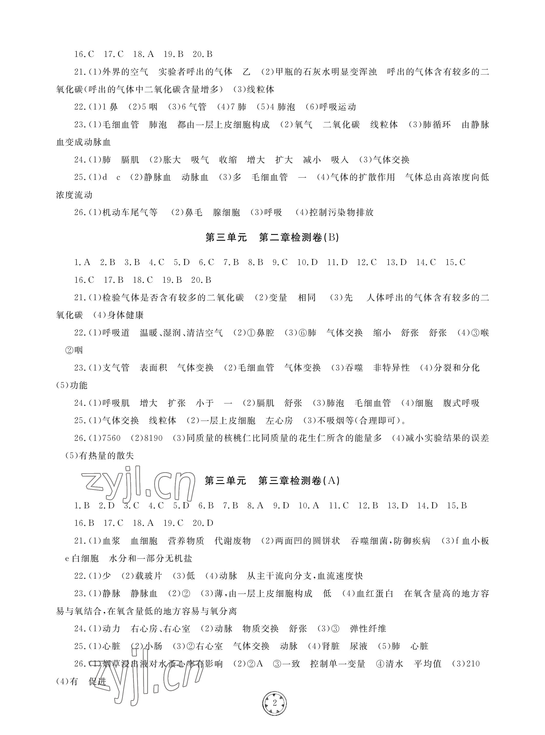 2023年同步練習(xí)冊分層檢測卷七年級生物下冊 參考答案第2頁