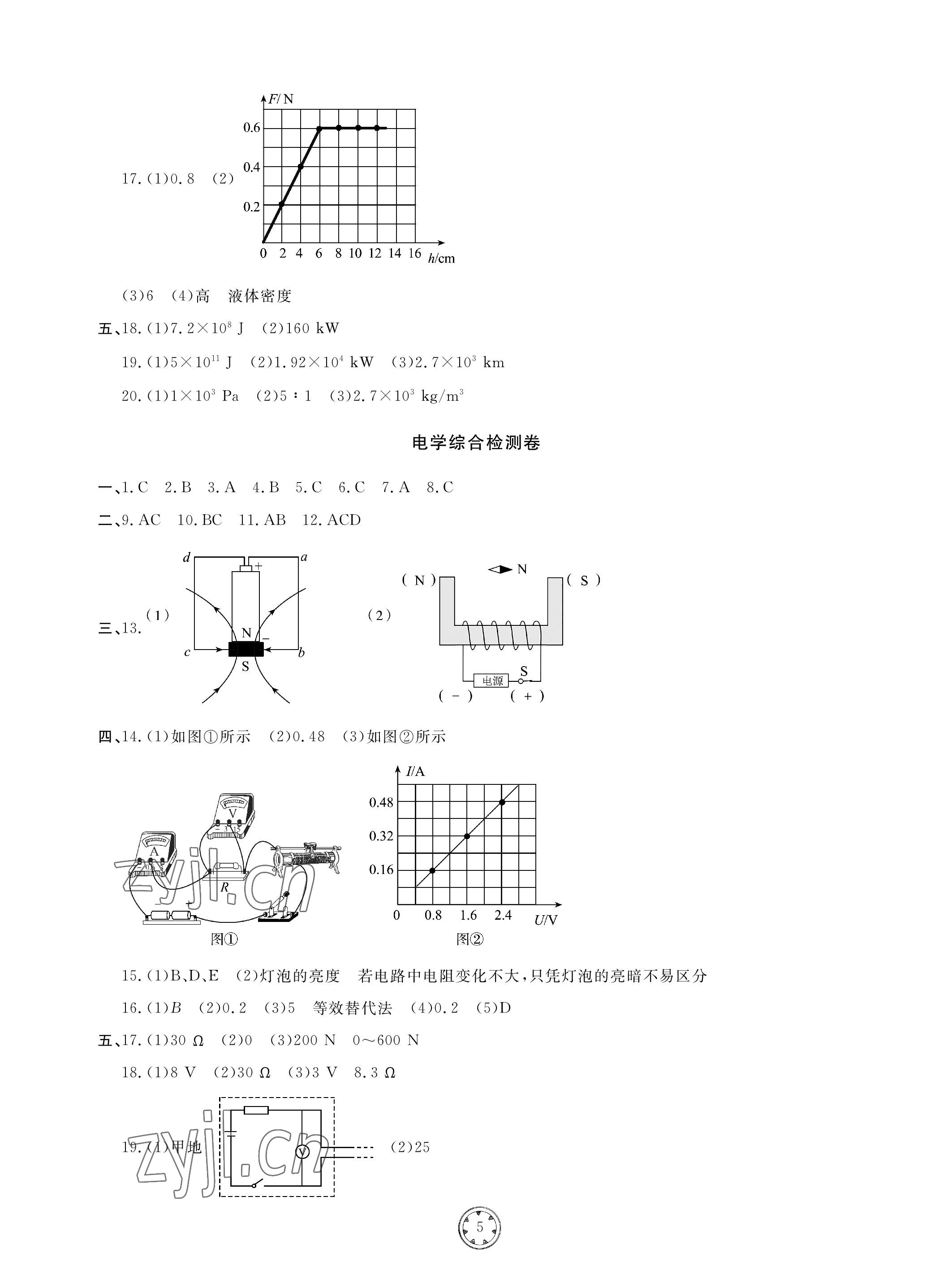 2023年同步練習(xí)冊(cè)分層檢測(cè)卷物理初中總復(fù)習(xí) 參考答案第5頁(yè)