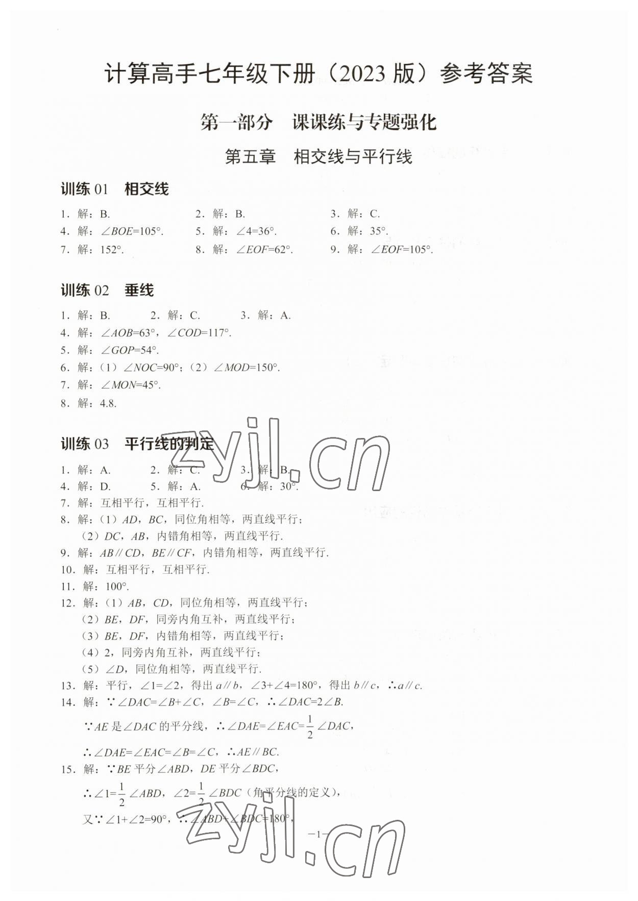 2023年計算高手七年級數(shù)學下冊人教版 參考答案第1頁