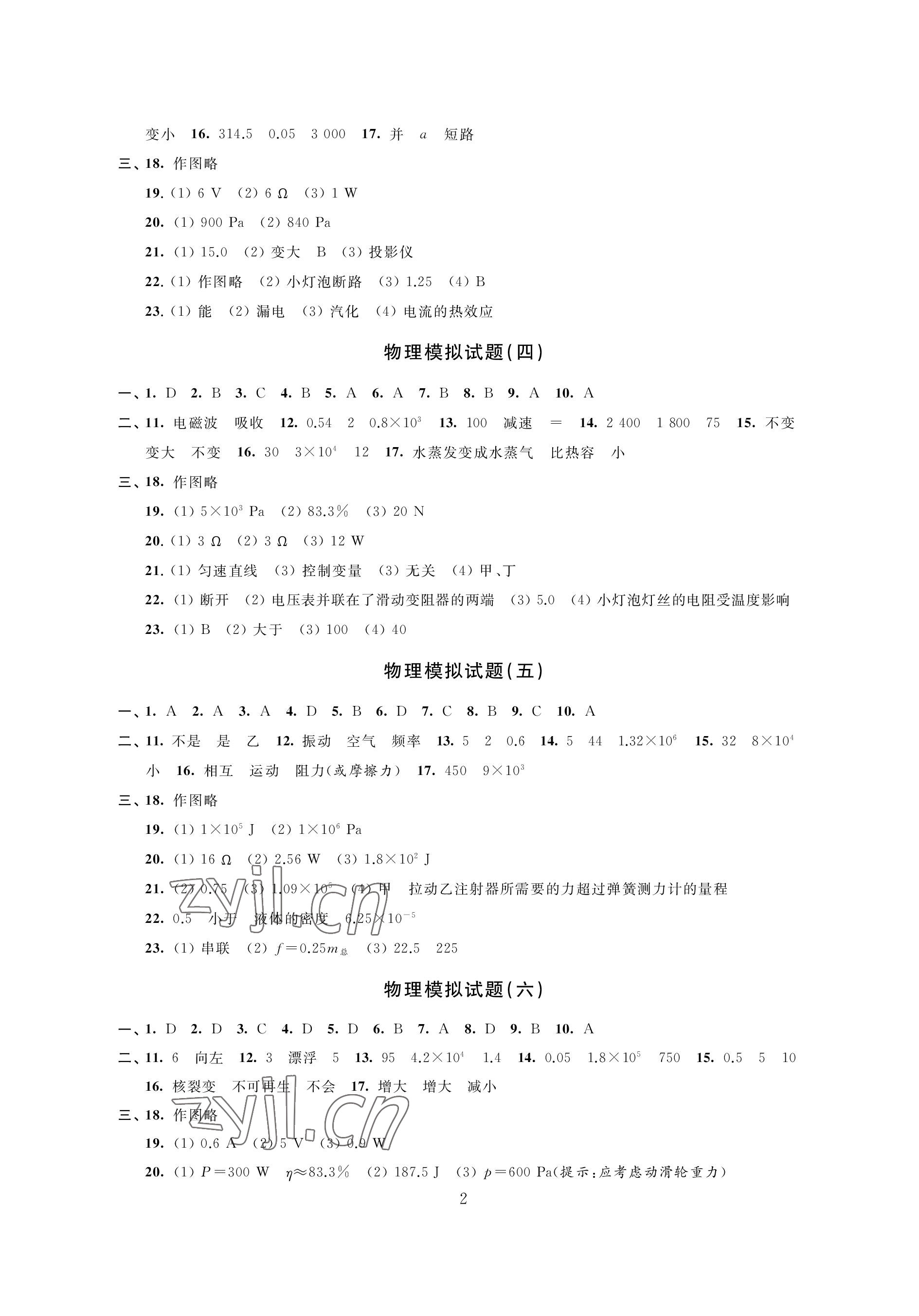 2023年决胜中考提优模拟卷物理化学 参考答案第2页
