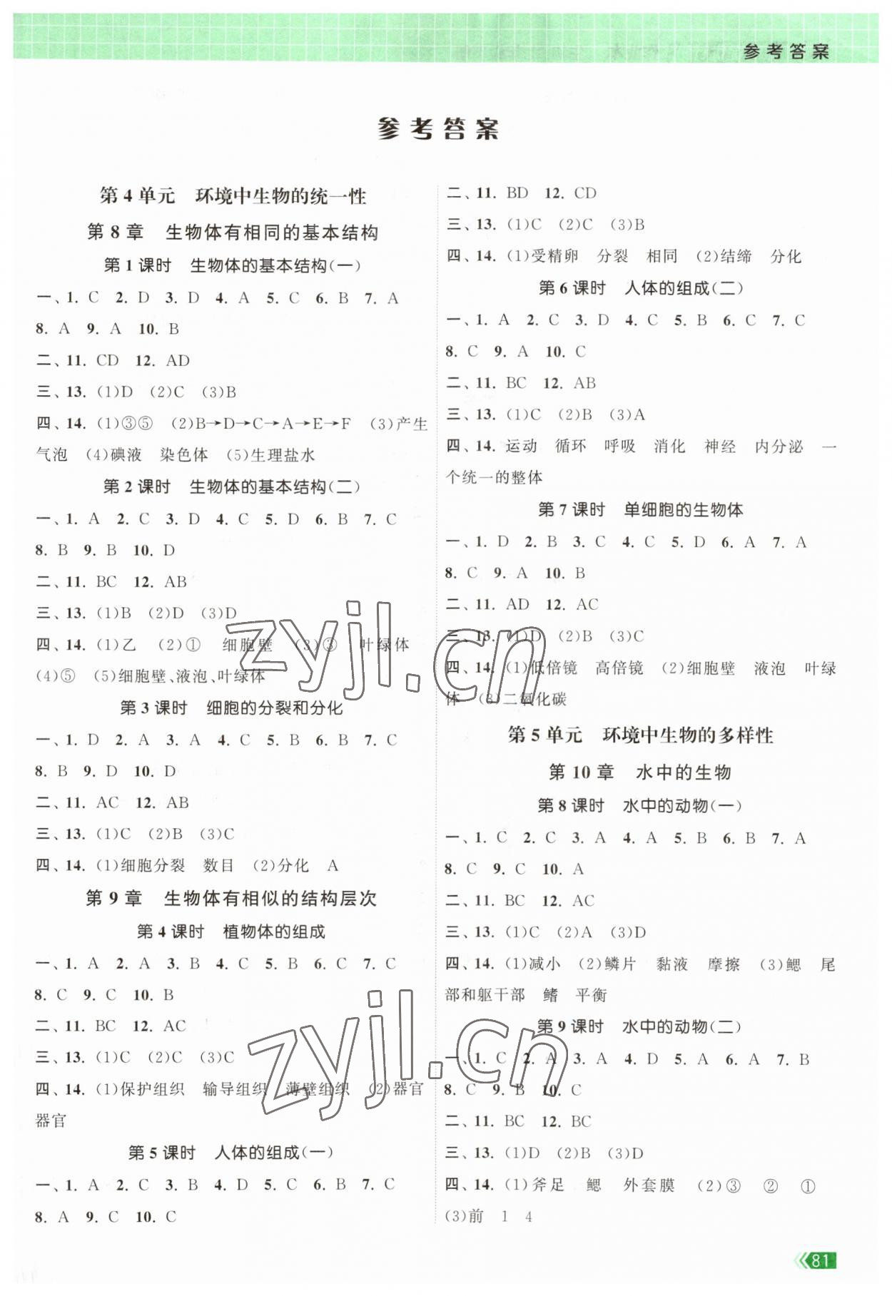 2023年课时提优计划作业本七年级生物下册苏科版 第1页