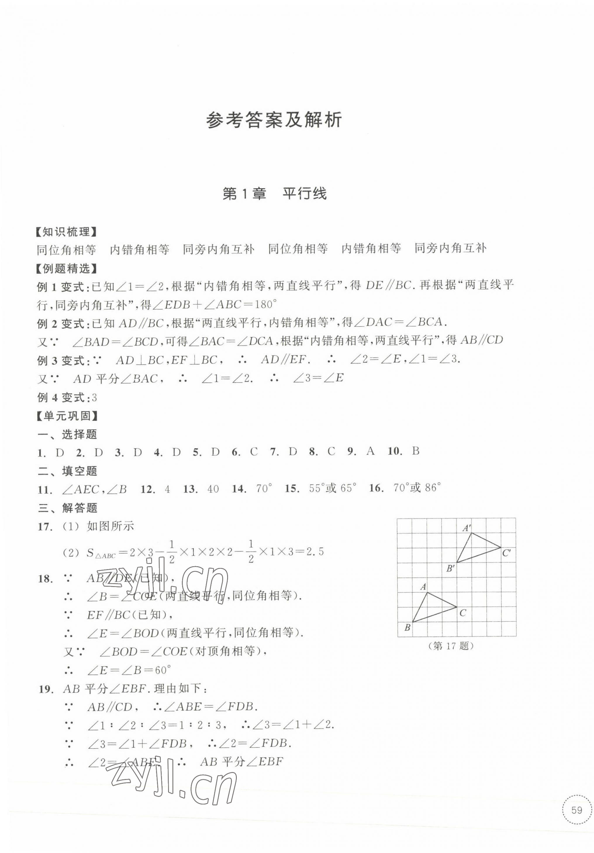 2023年單元學(xué)習(xí)指導(dǎo)與練習(xí)七年級數(shù)學(xué)下冊浙教版 參考答案第1頁