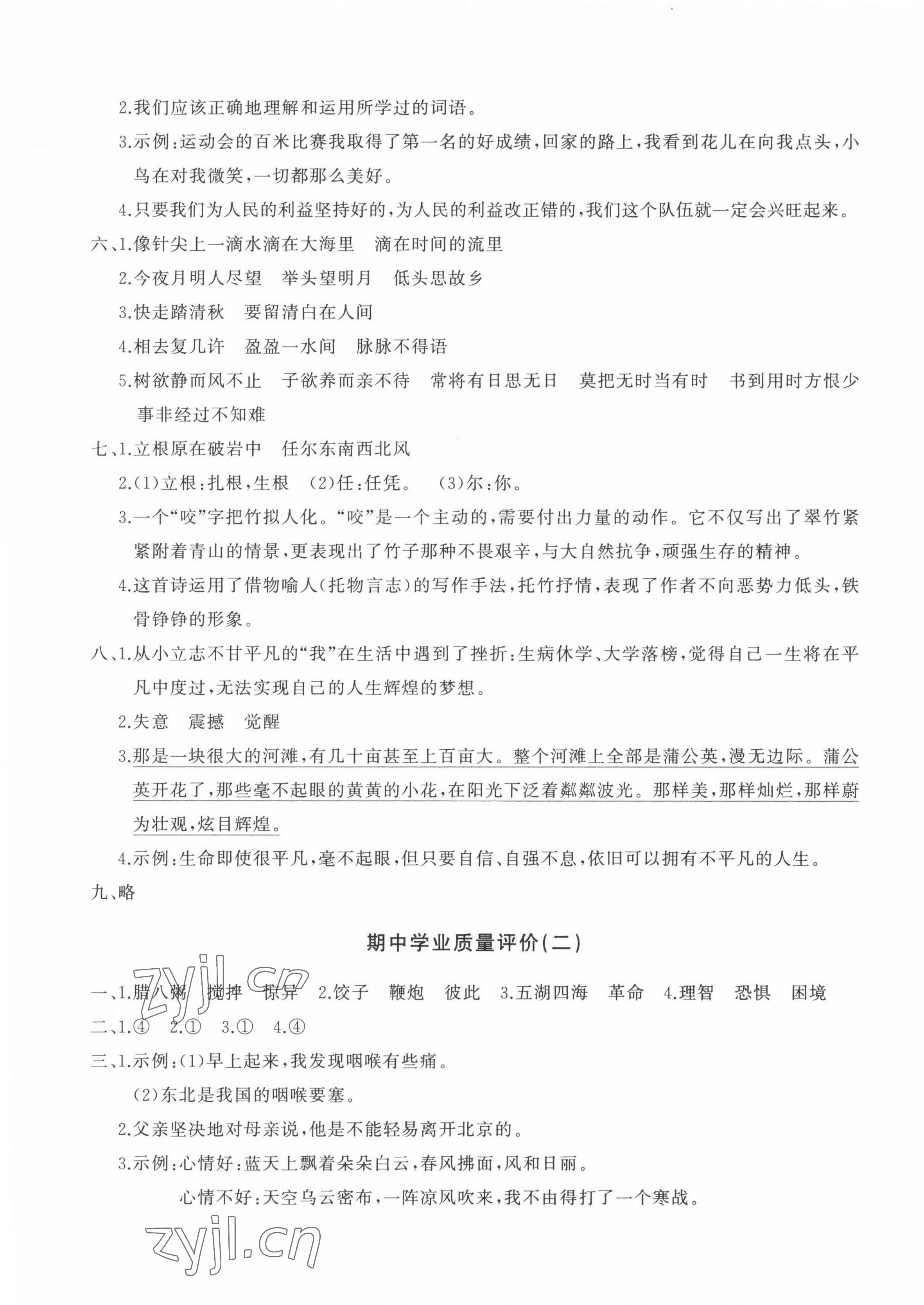 2023年精練課堂分層作業六年級語文下冊人教版 參考答案第5頁