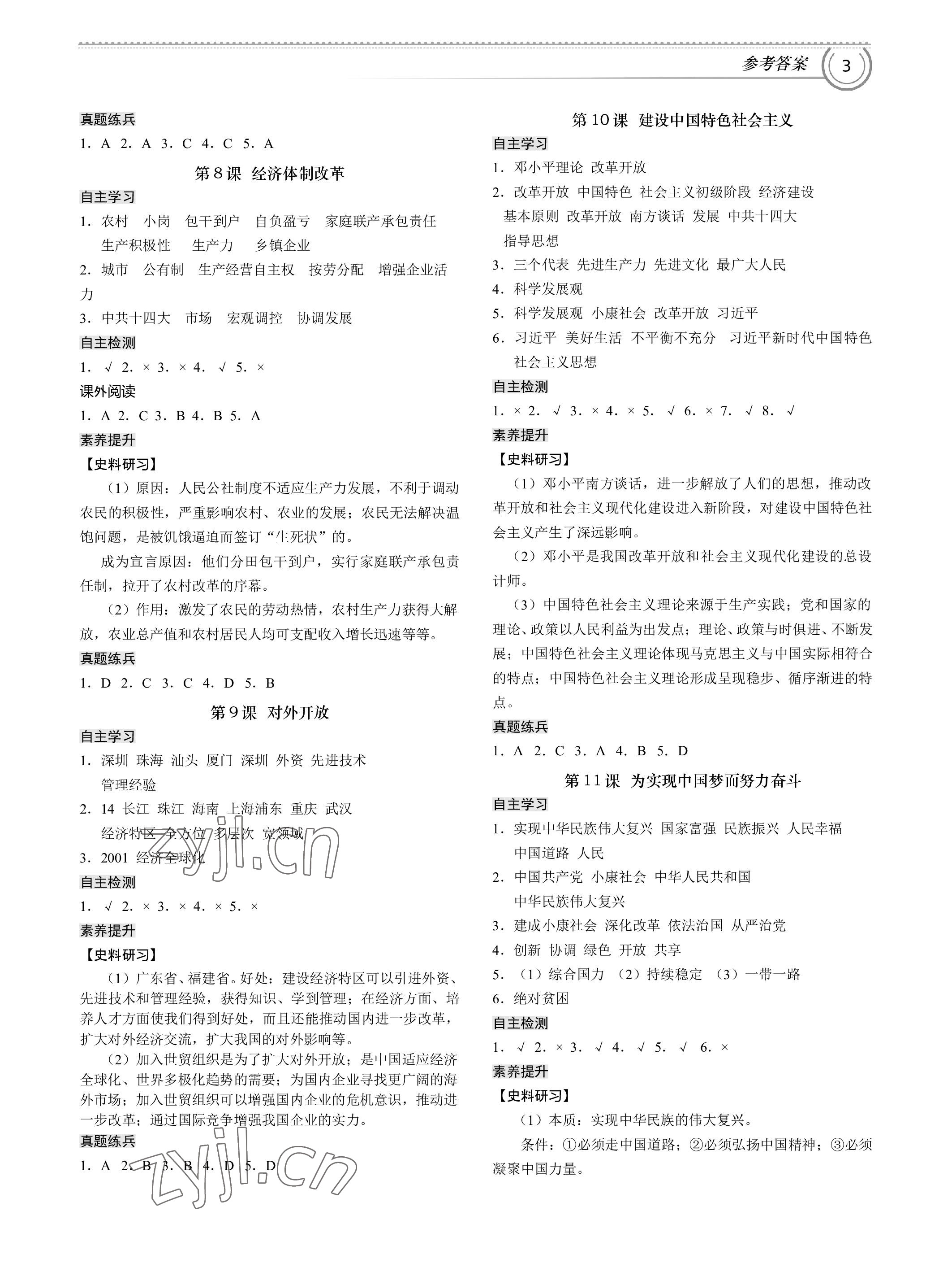 2023年导思学案八年级历史下册人教版 参考答案第3页