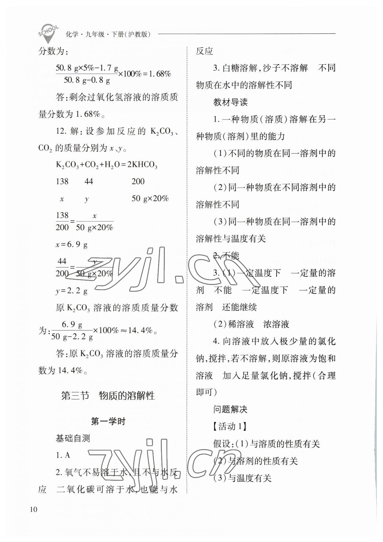 2023年新课程问题解决导学方案九年级化学下册沪教版 参考答案第10页