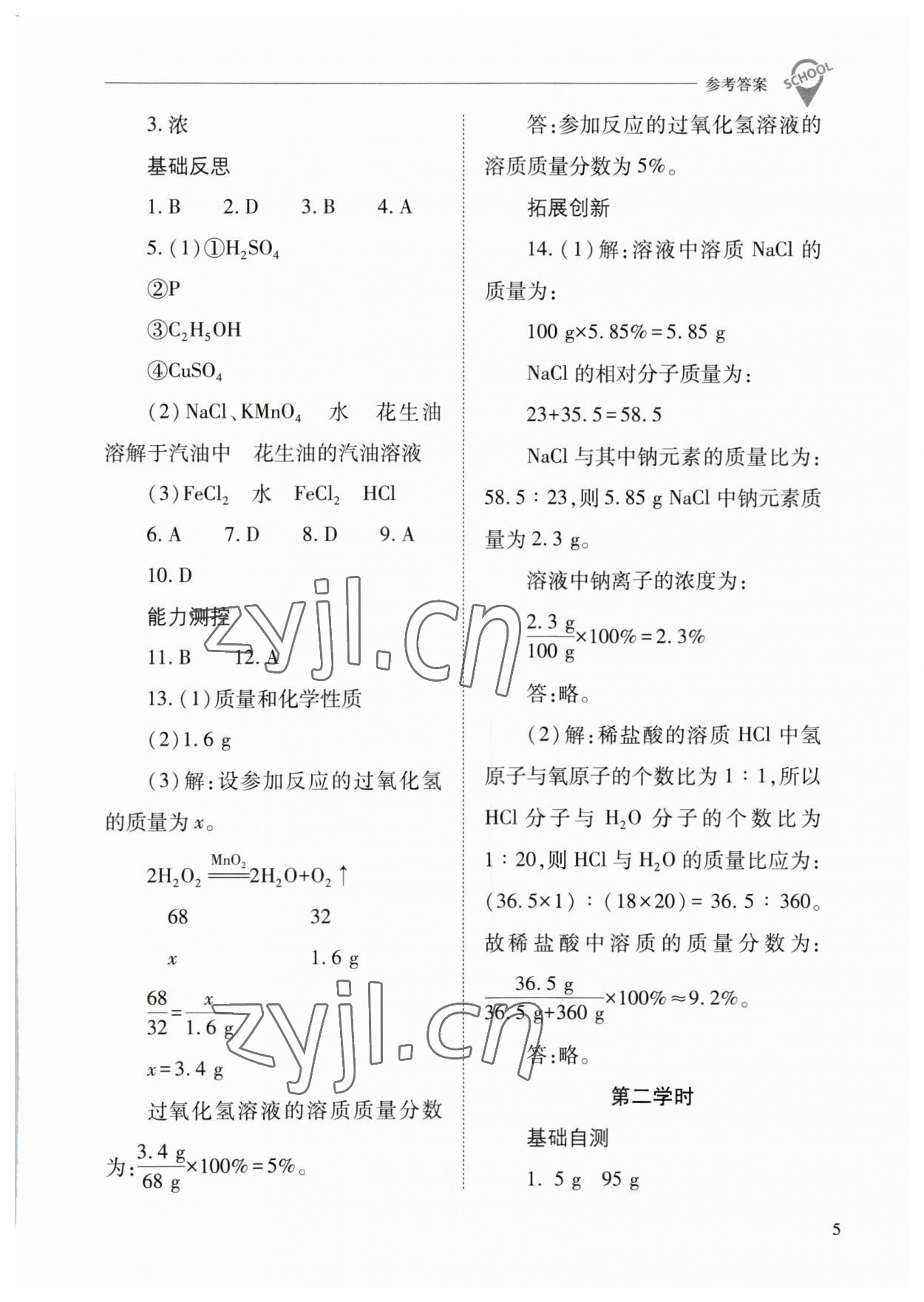 2023年新課程問題解決導(dǎo)學(xué)方案九年級化學(xué)下冊滬教版 參考答案第5頁