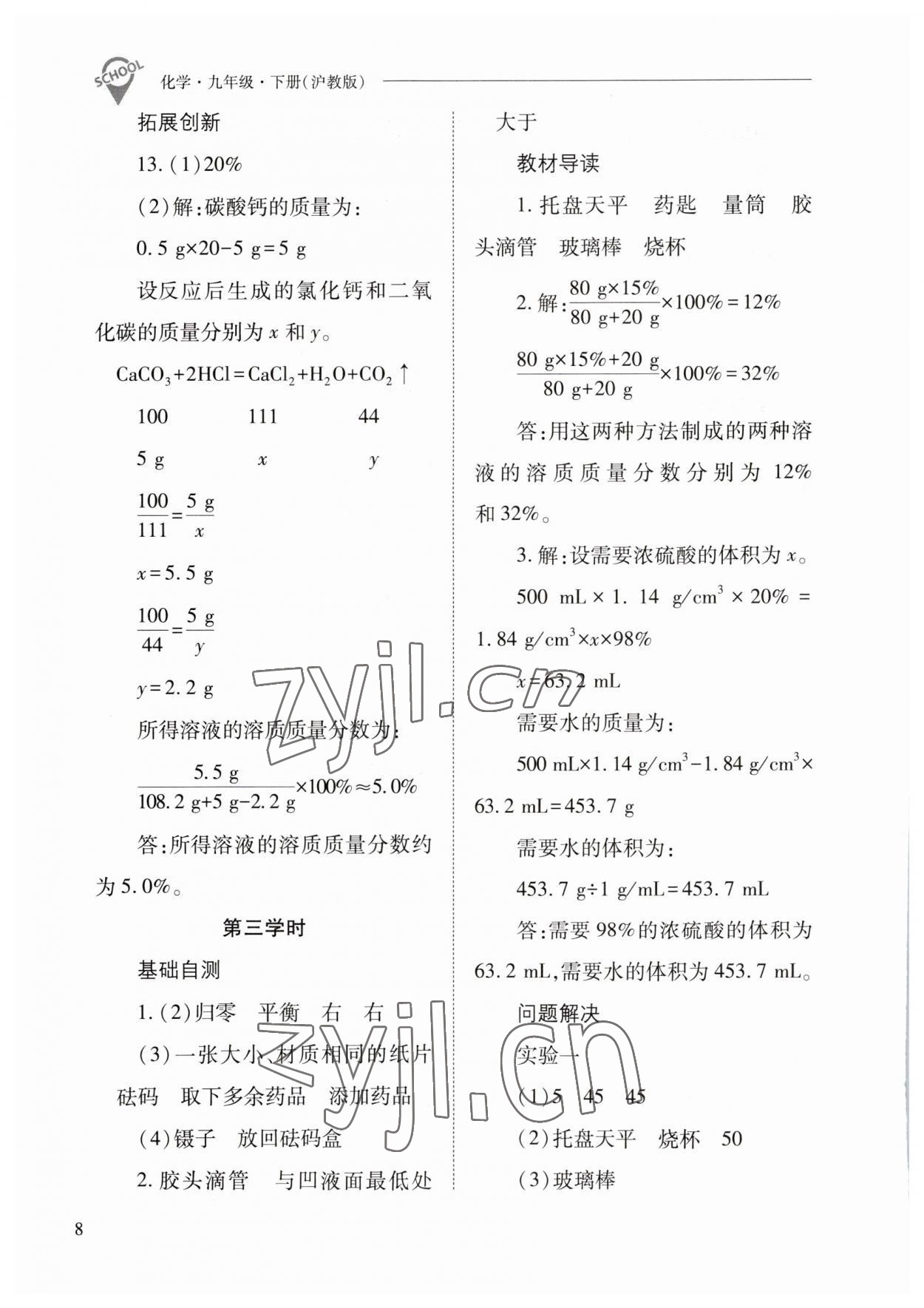 2023年新课程问题解决导学方案九年级化学下册沪教版 参考答案第8页