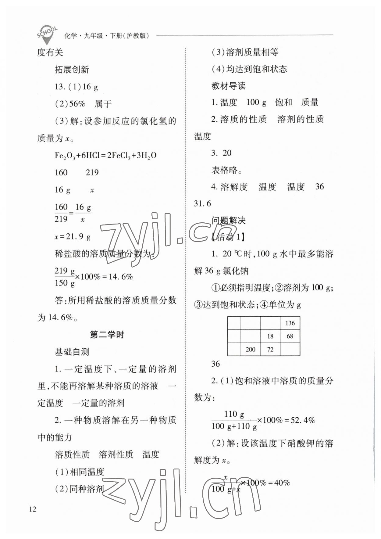 2023年新課程問題解決導(dǎo)學(xué)方案九年級化學(xué)下冊滬教版 參考答案第12頁