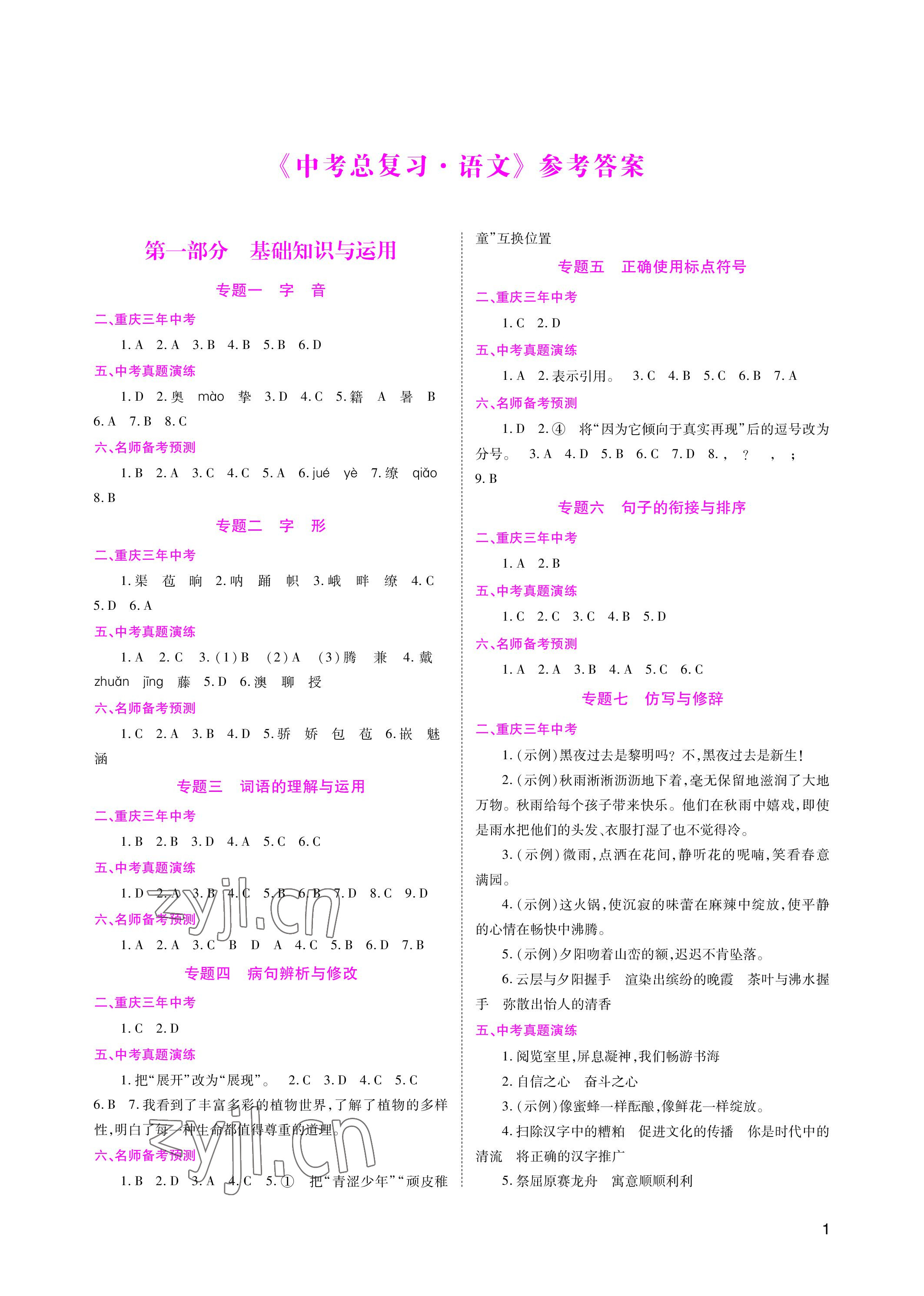 2023年中考总复习重庆出版社语文 参考答案第1页