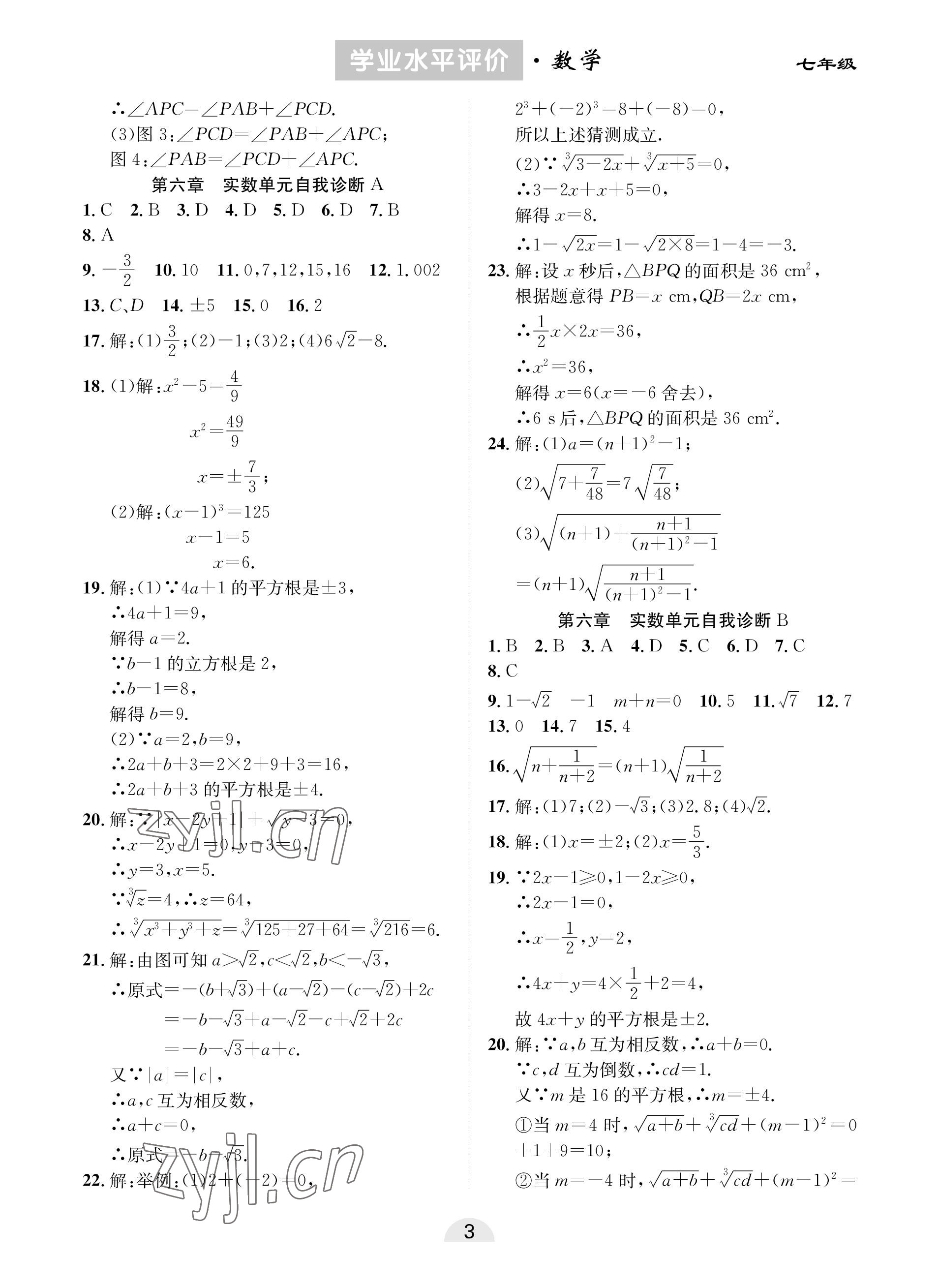 2023年學(xué)業(yè)水平評(píng)價(jià)同步檢測(cè)卷七年級(jí)數(shù)學(xué)下冊(cè)人教版 參考答案第3頁(yè)