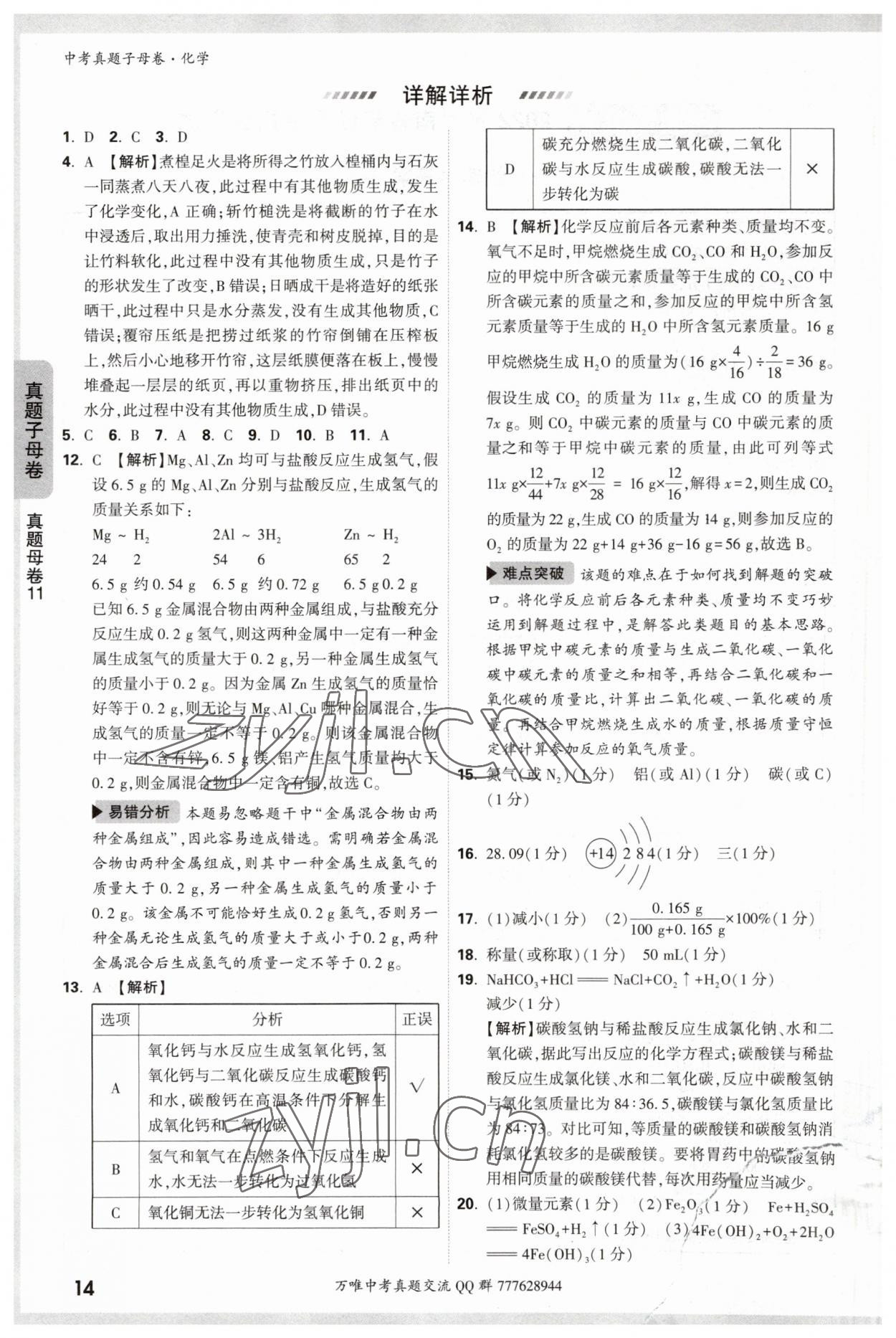 2023年万唯中考真题子母卷化学&nbsp;参考答案第14页