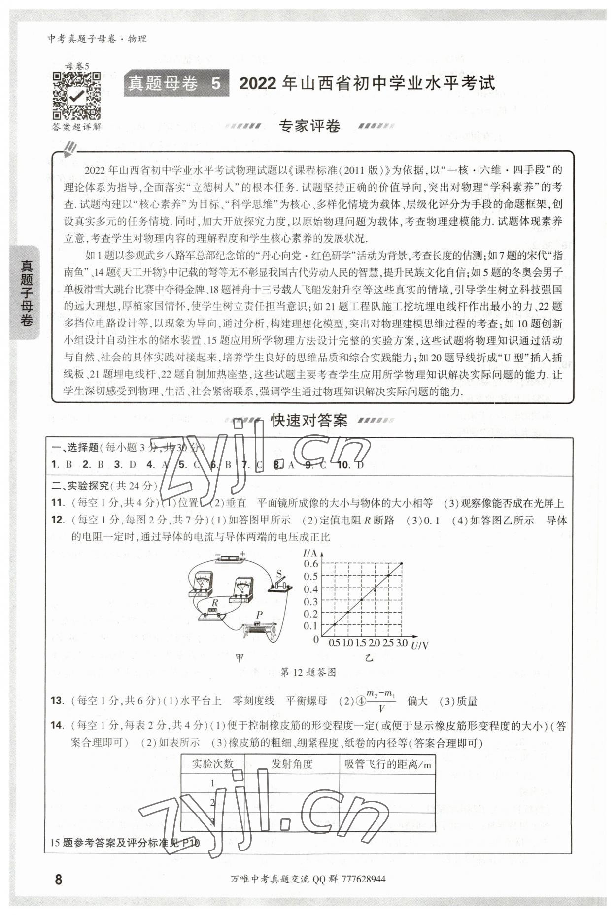 2023年万唯中考真题子母卷物理&nbsp;参考答案第8页