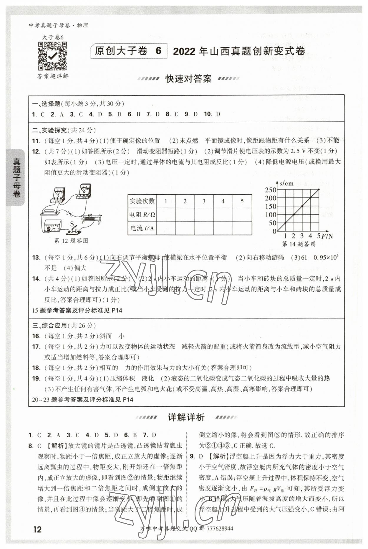 2023年万唯中考真题子母卷物理&nbsp;参考答案第12页