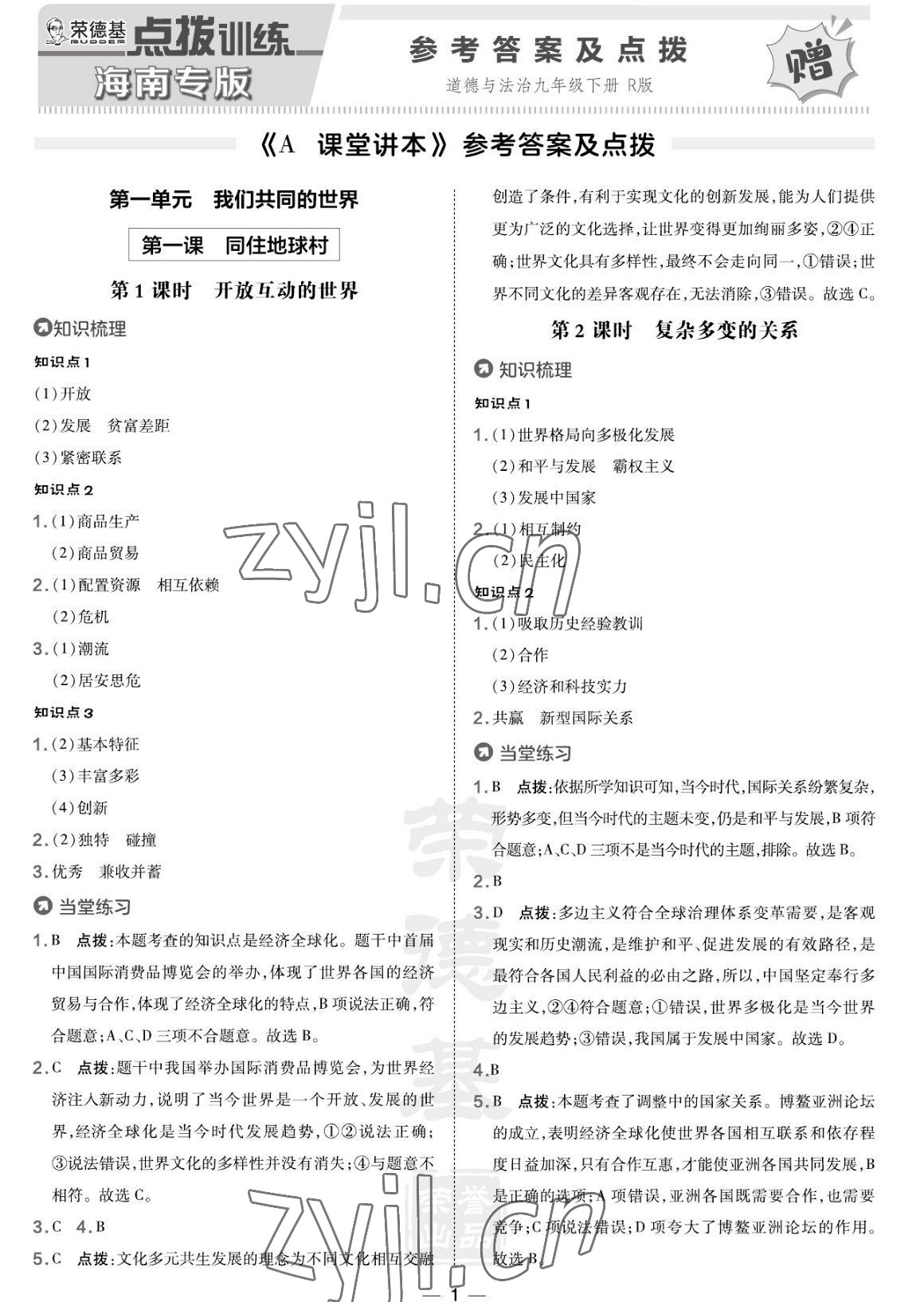 2023年點撥訓(xùn)練九年級道德與法治下冊人教版海南專版 參考答案第1頁