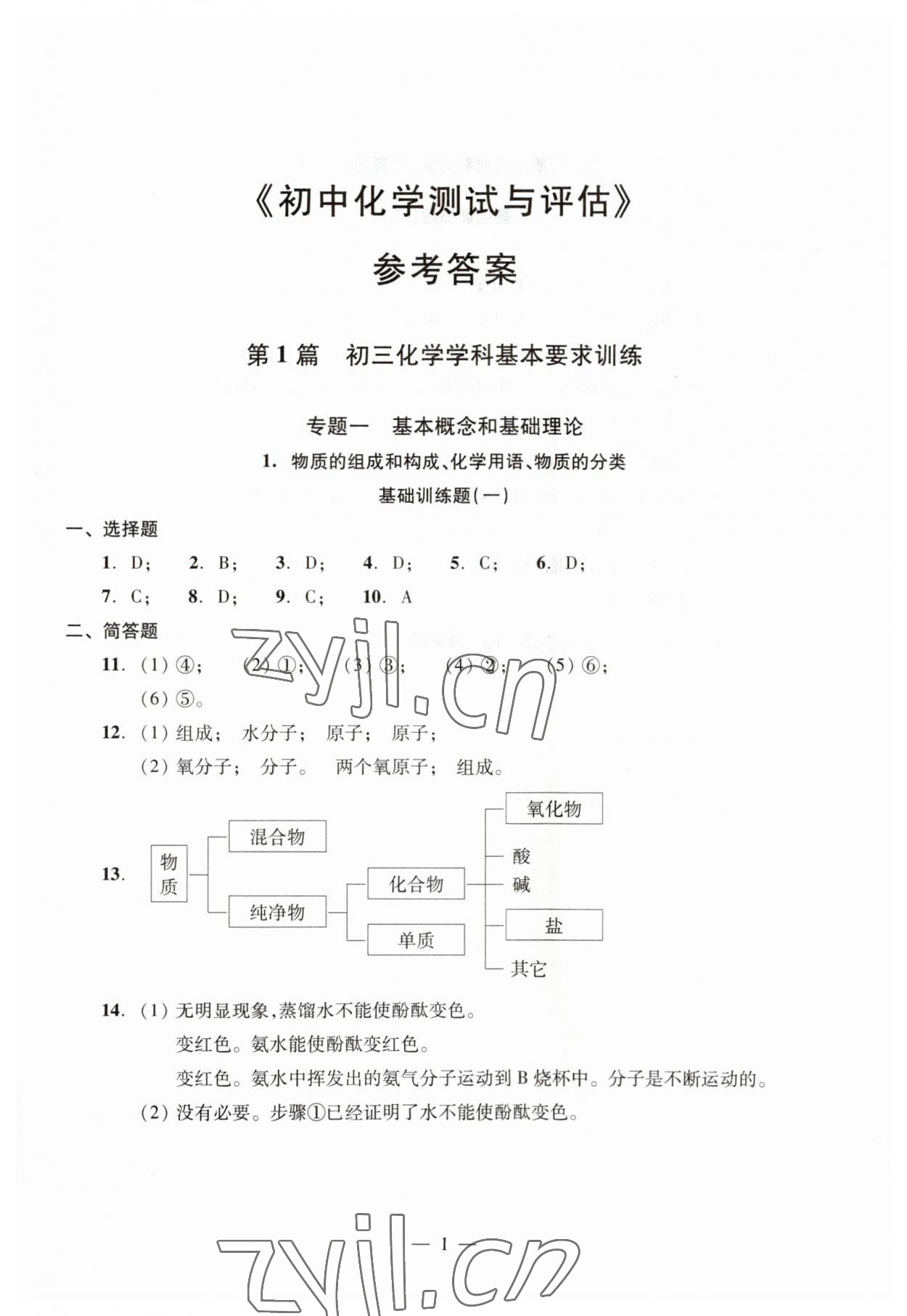 2023年初中測試與評估化學(xué) 參考答案第1頁