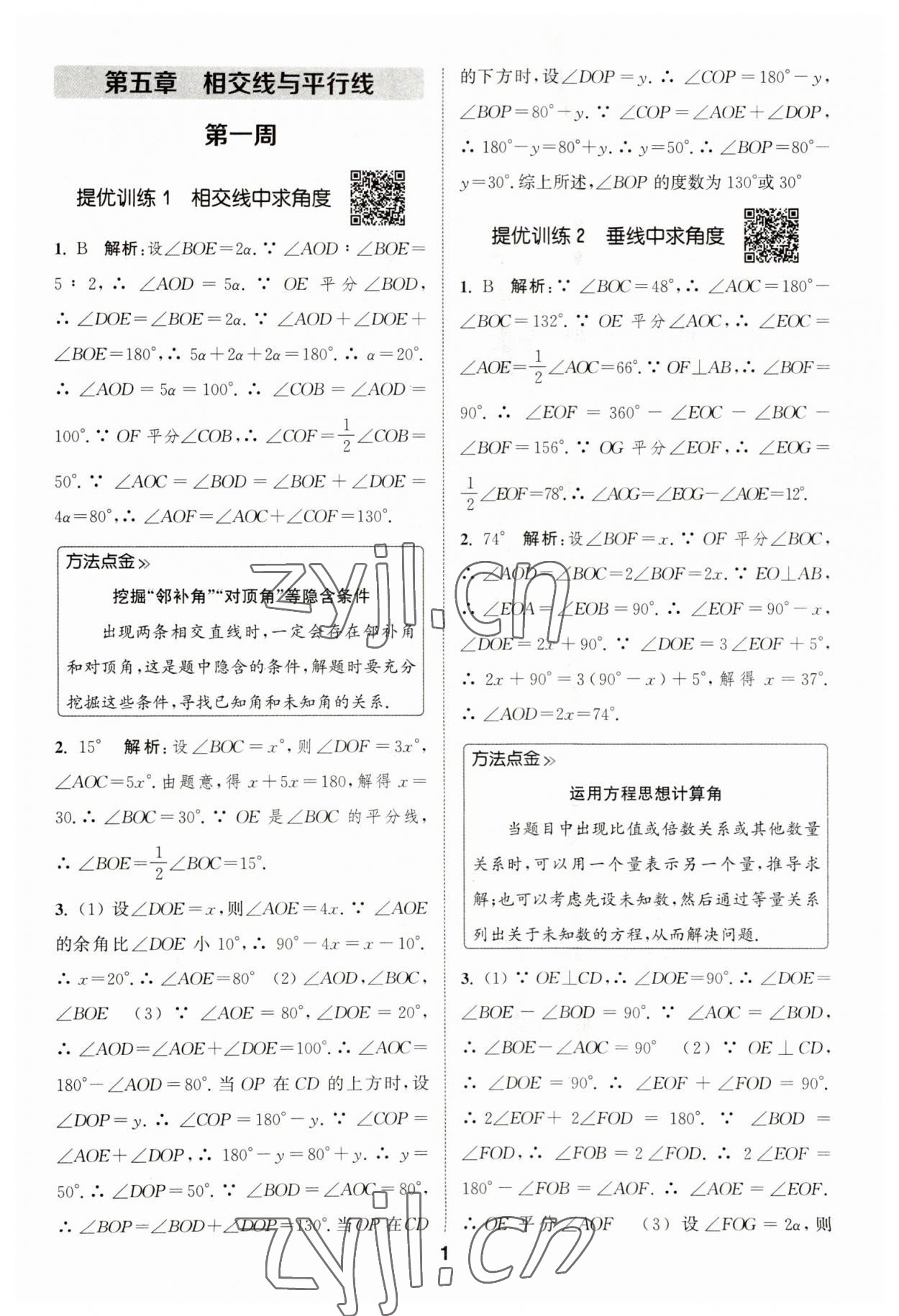 2023年通城学典初中数学提优能手七年级下册人教版 参考答案第1页