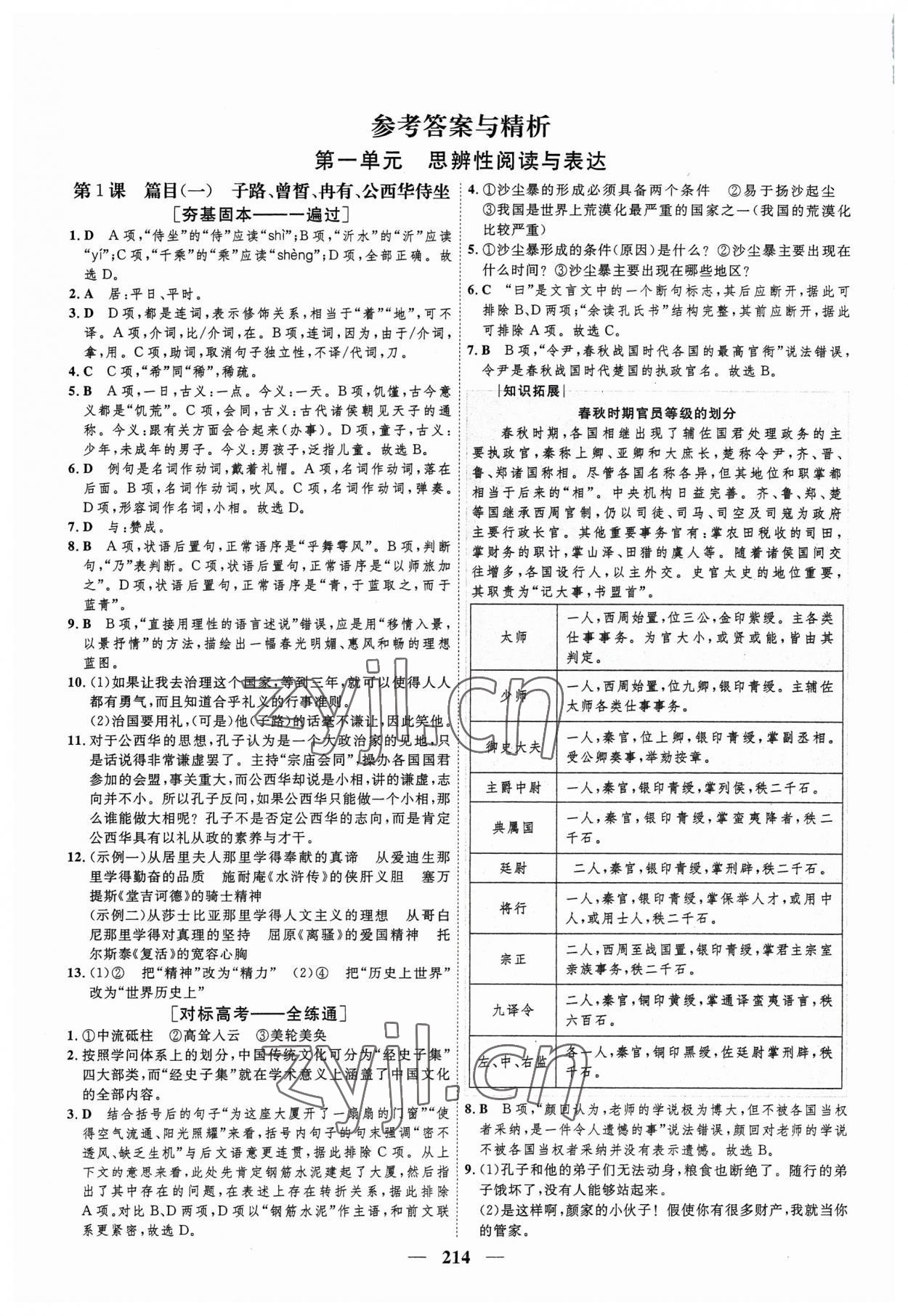 2023年三維設計學思用精練高中語文必修下冊 參考答案第1頁