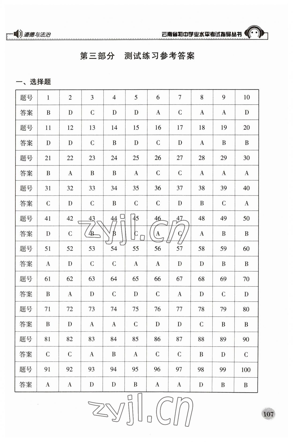 2023年云南省初中學業(yè)水平考試指導叢書道德與法治中考 參考答案第1頁