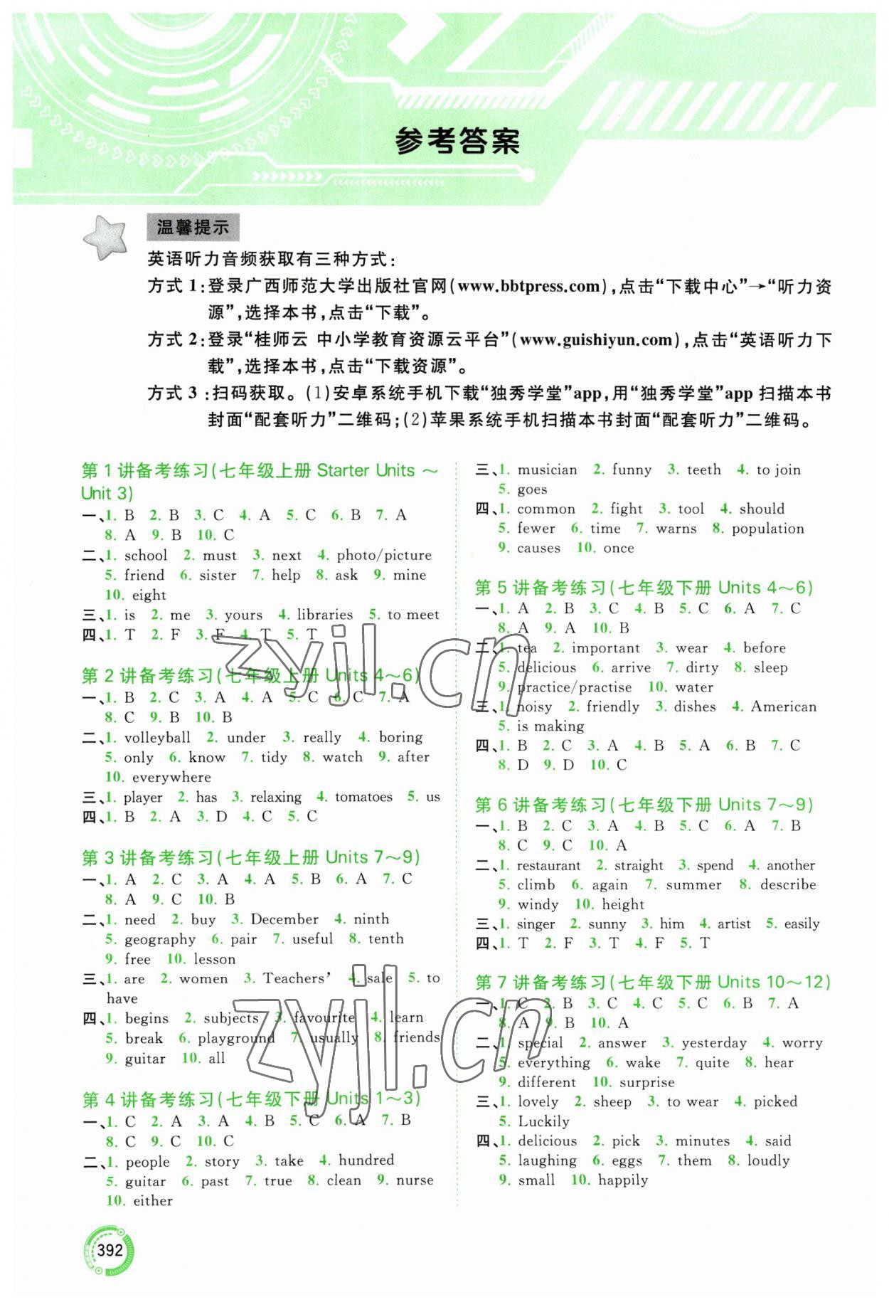 2023年中考先鋒中考總復(fù)習(xí)廣西師范大學(xué)出版社英語 參考答案第1頁