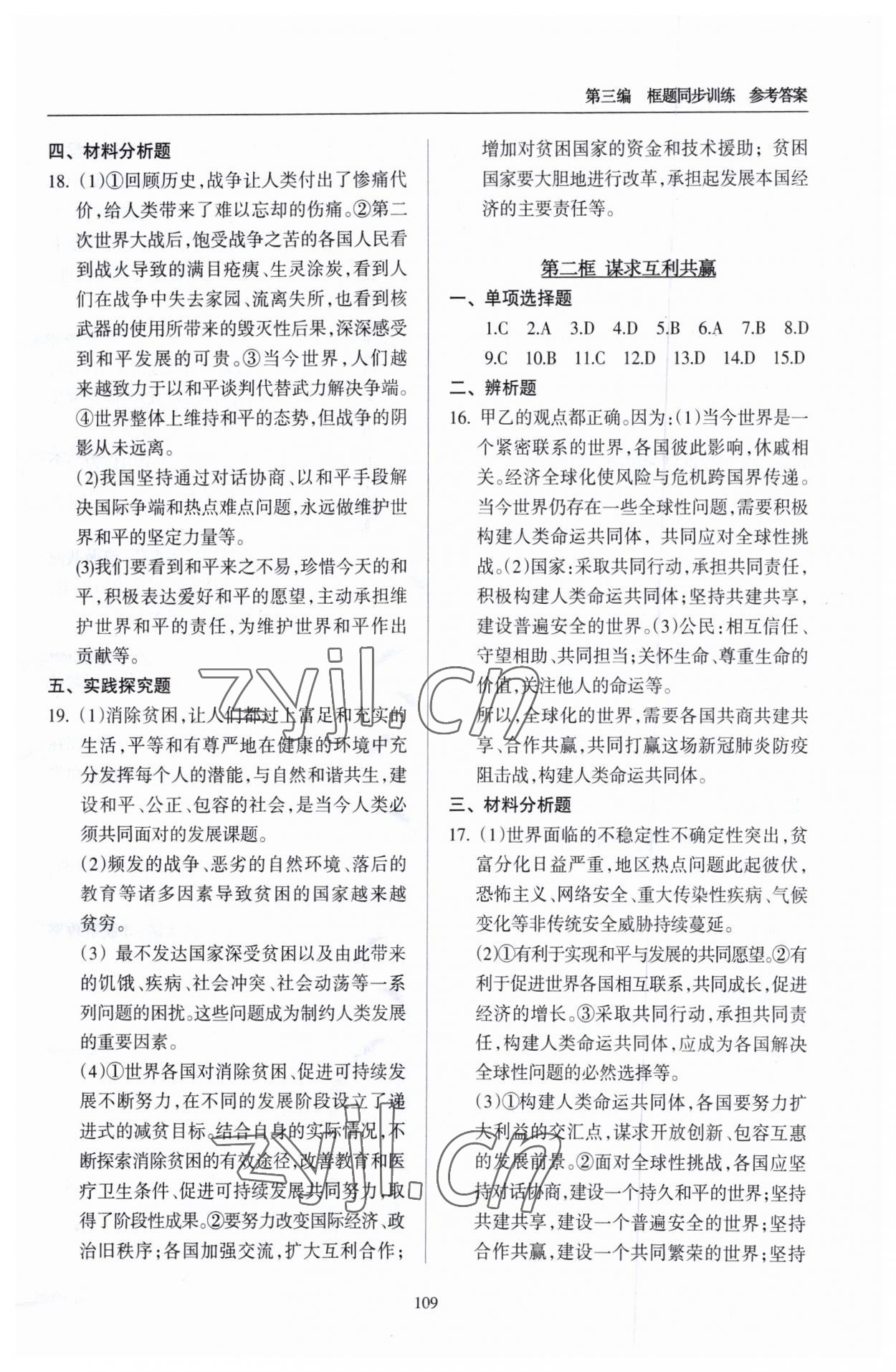 2023年道德與法治一本通新導(dǎo)學(xué)與同步訓(xùn)練九年級下冊人教版 參考答案第3頁