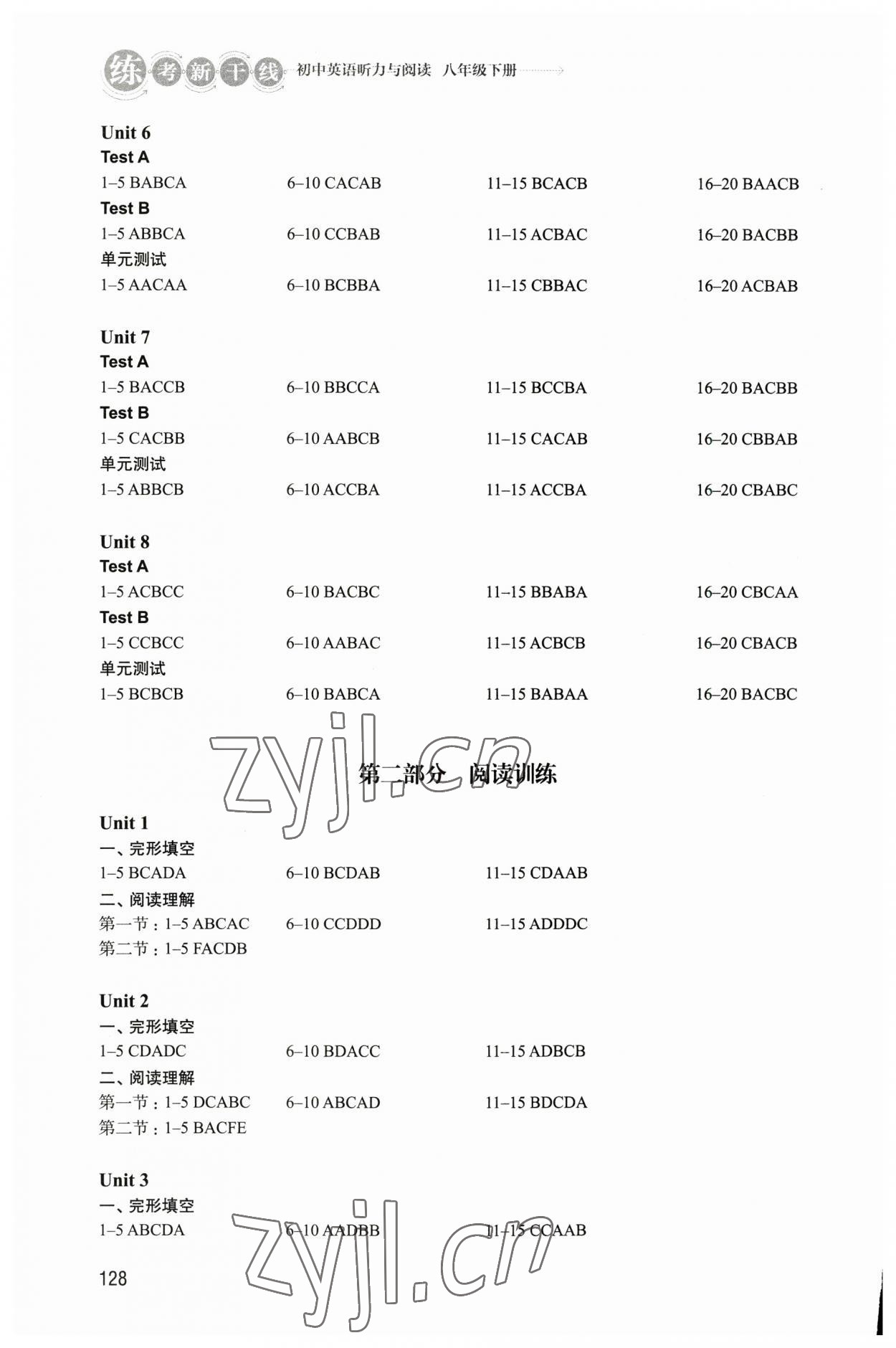 2023年练考新干线听力与阅读八年级英语下册译林版 参考答案第2页