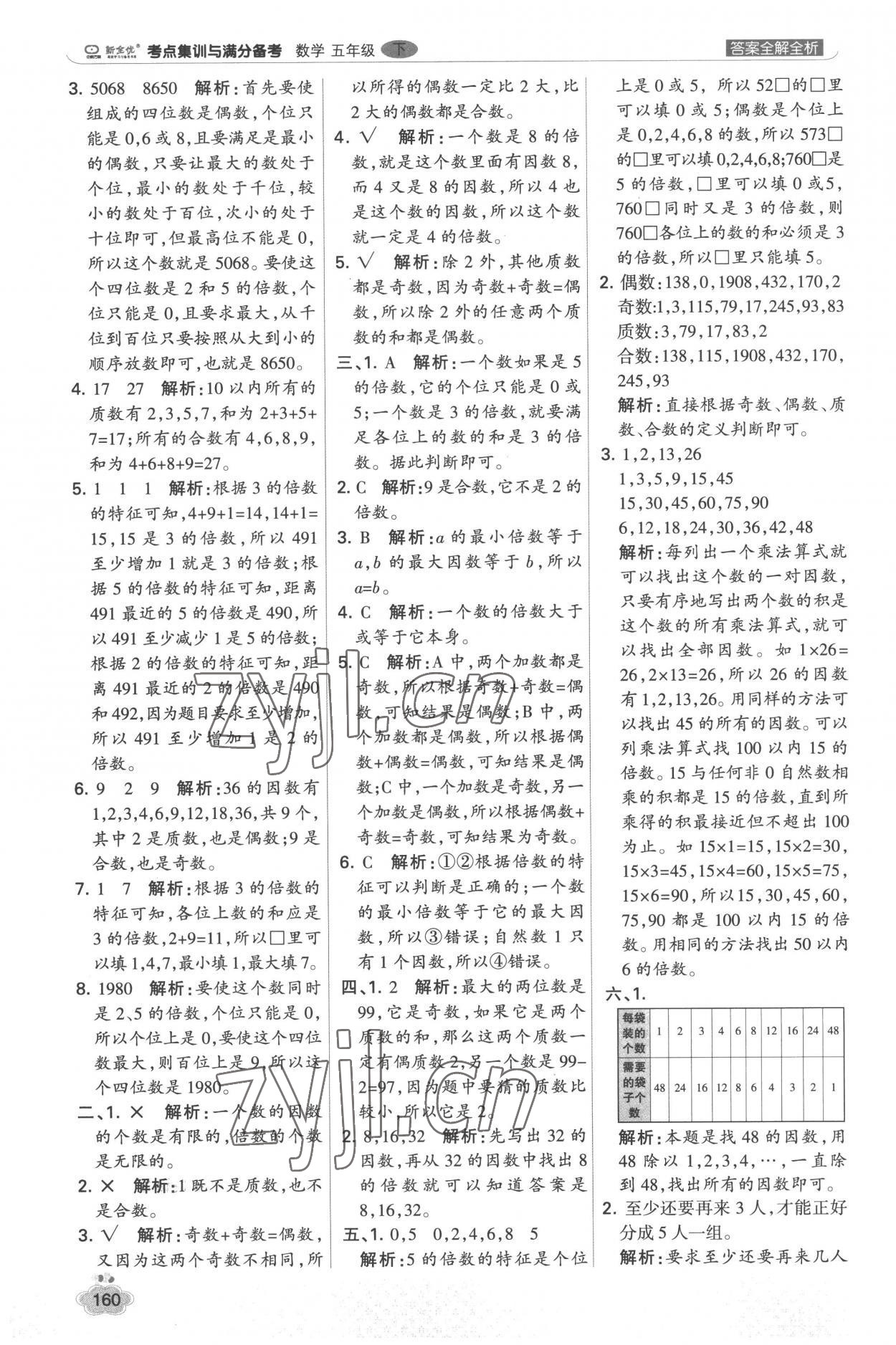 2023年考點(diǎn)集訓(xùn)與滿分備考五年級數(shù)學(xué)下冊人教版 參考答案第8頁