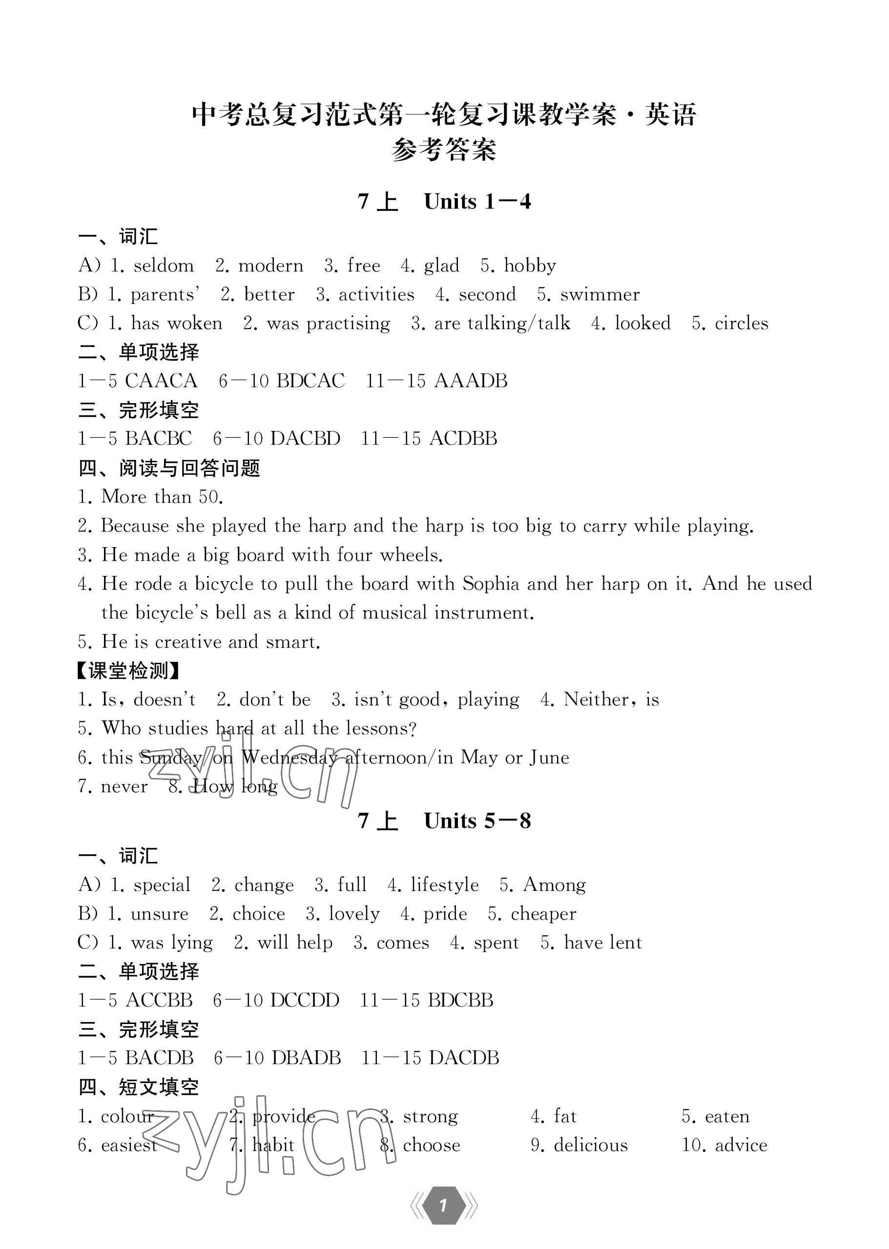 2023年中考總復習范式第一輪復習課教學案英語 參考答案第1頁