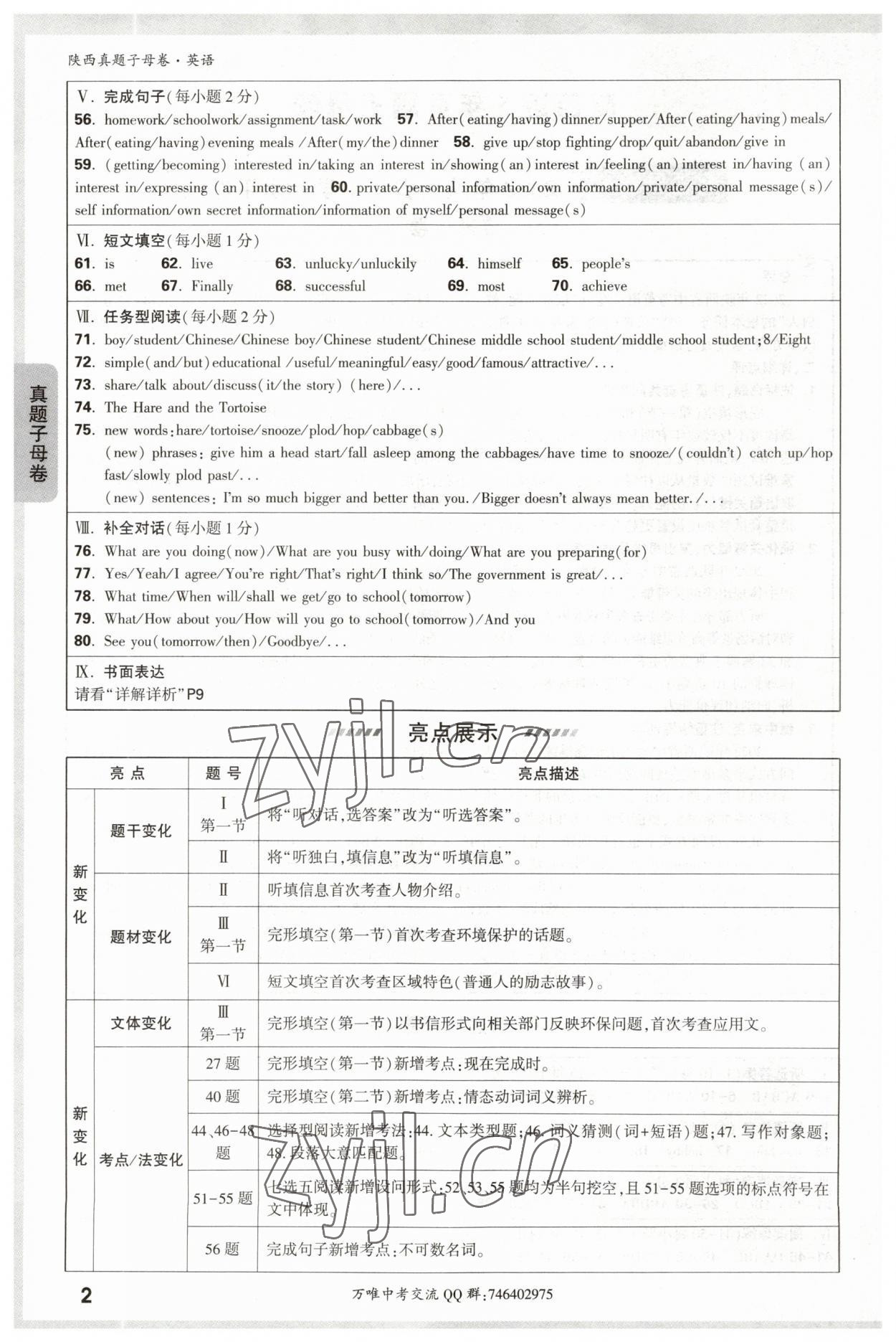 2023年万唯中考真题子母卷英语中考陕西专版 参考答案第2页