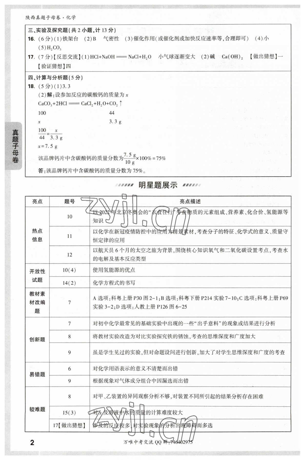 2023年万唯中考真题子母卷化学陕西专版 参考答案第2页