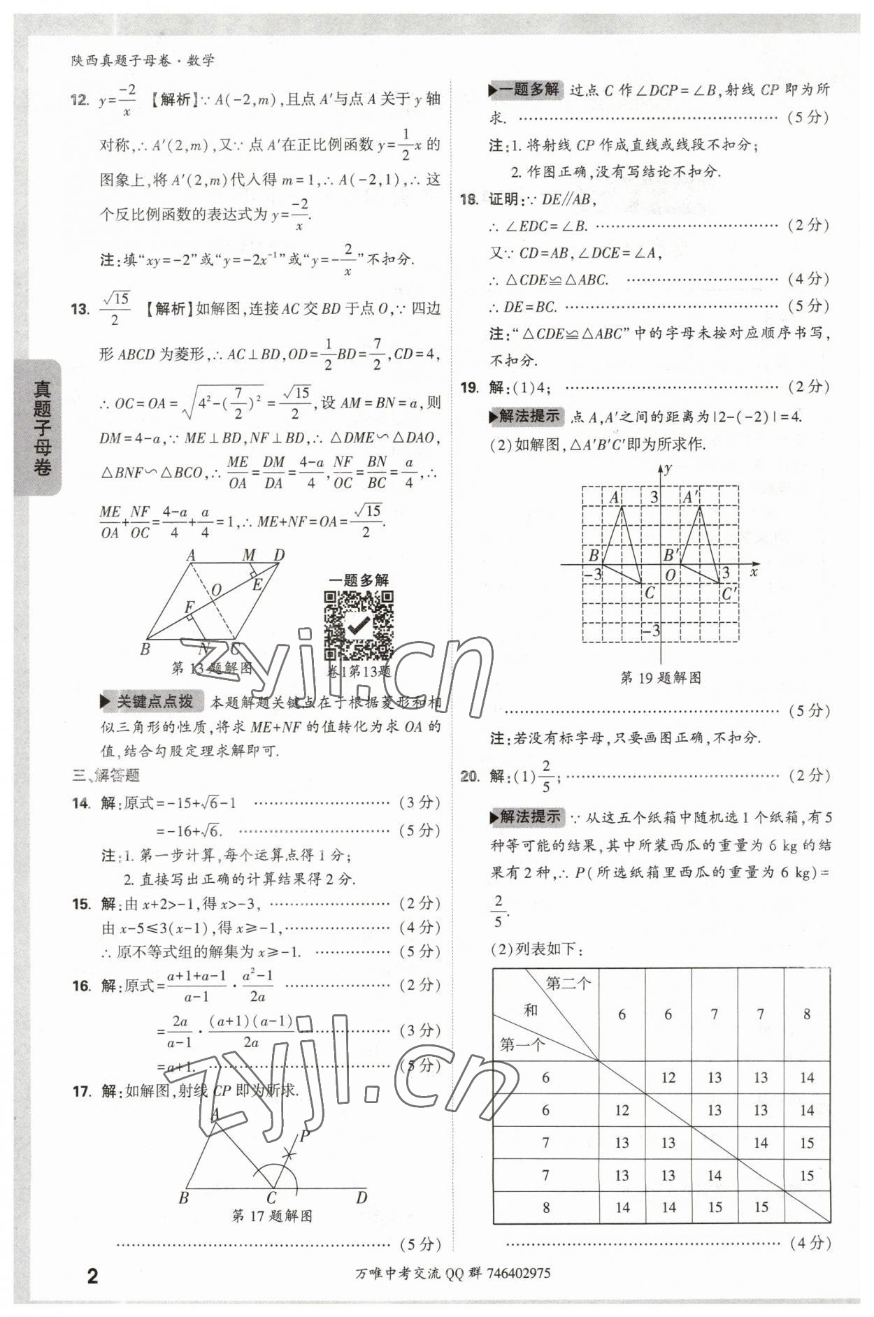 2023年万唯中考真题子母卷数学中考陕西专版 参考答案第2页