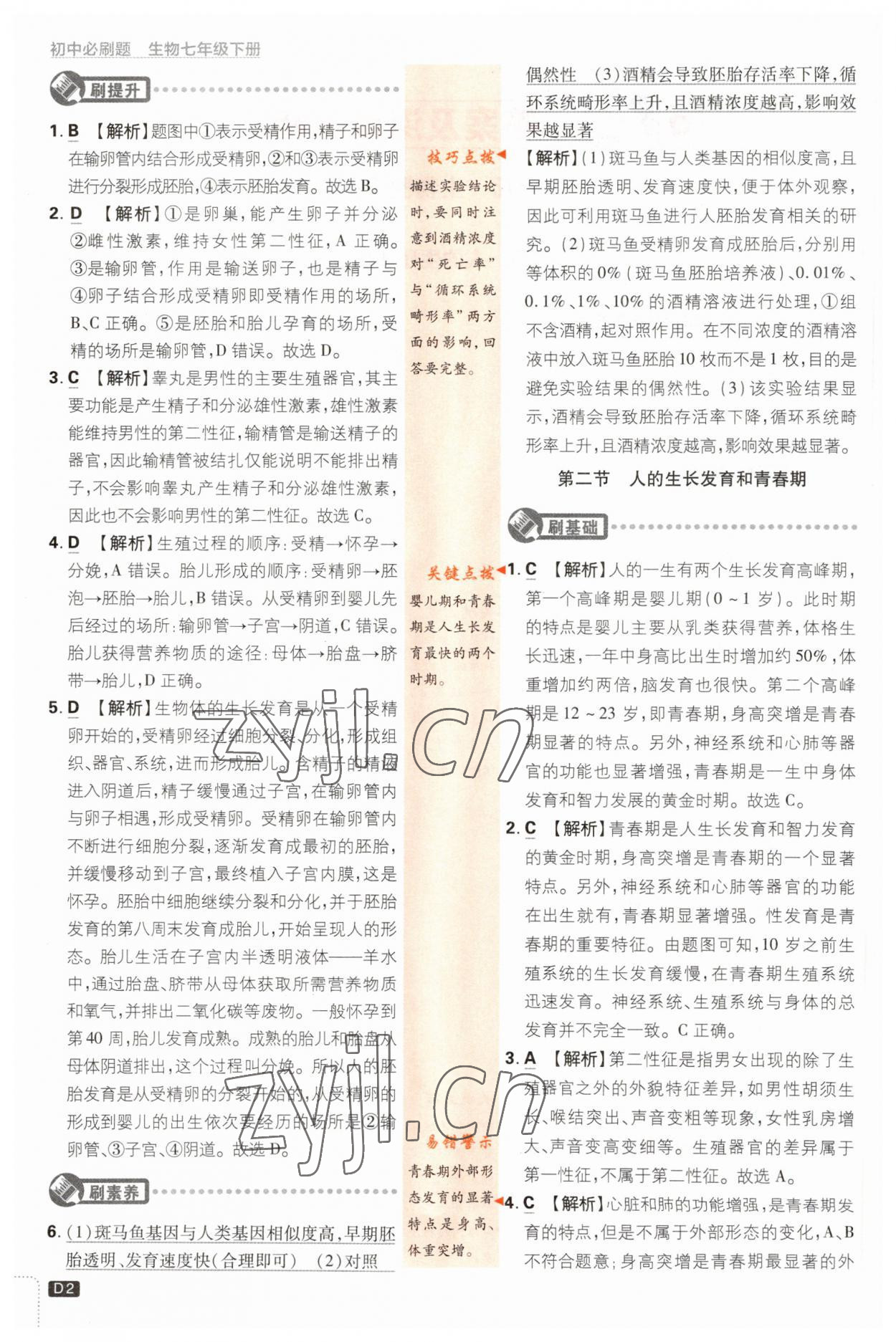 2023年初中必刷题七年级生物下册苏教版 参考答案第2页