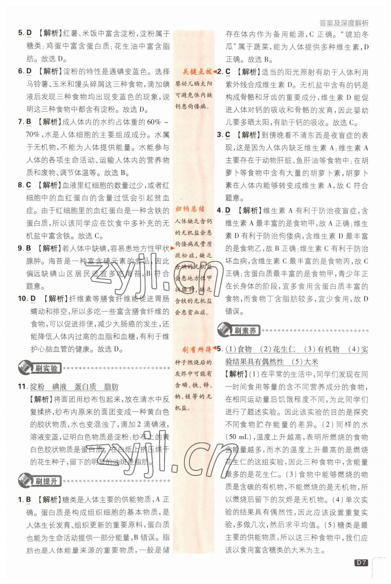 2023年初中必刷題七年級(jí)生物下冊(cè)蘇教版 參考答案第7頁