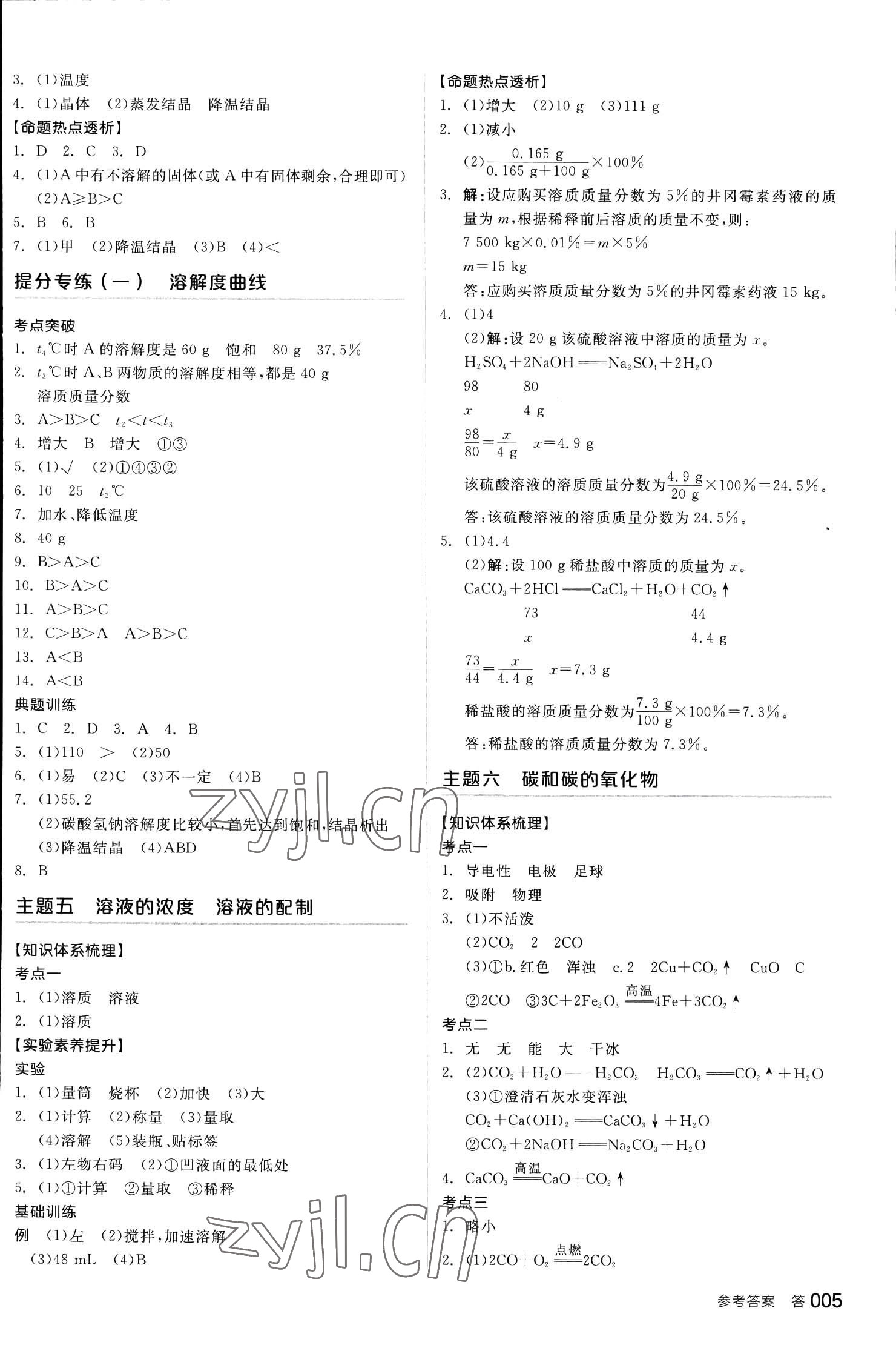 2023年全品中考復習方案化學人教版 參考答案第5頁