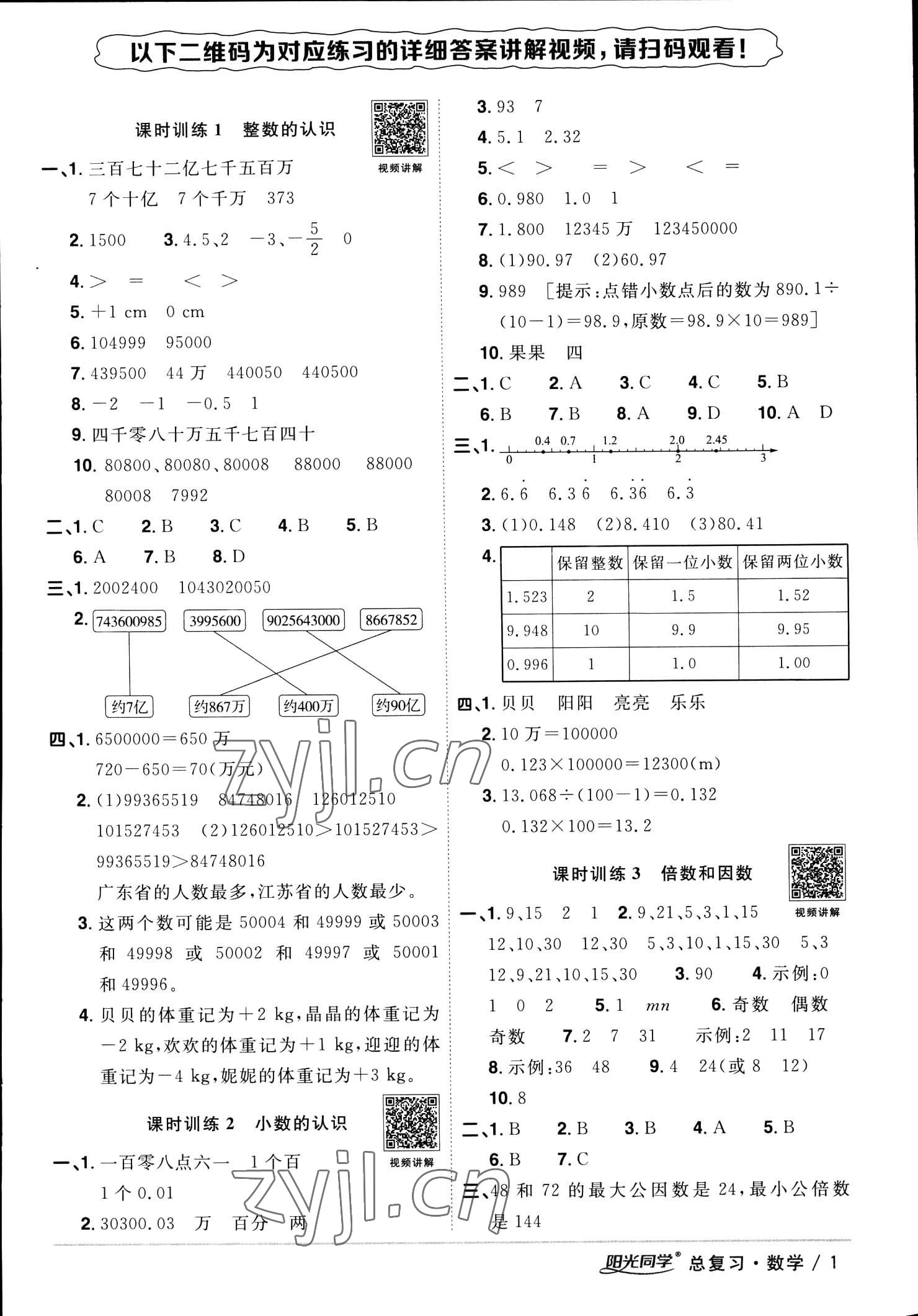 2023年陽光同學(xué)小學(xué)畢業(yè)升學(xué)系統(tǒng)總復(fù)習(xí)數(shù)學(xué) 參考答案第1頁