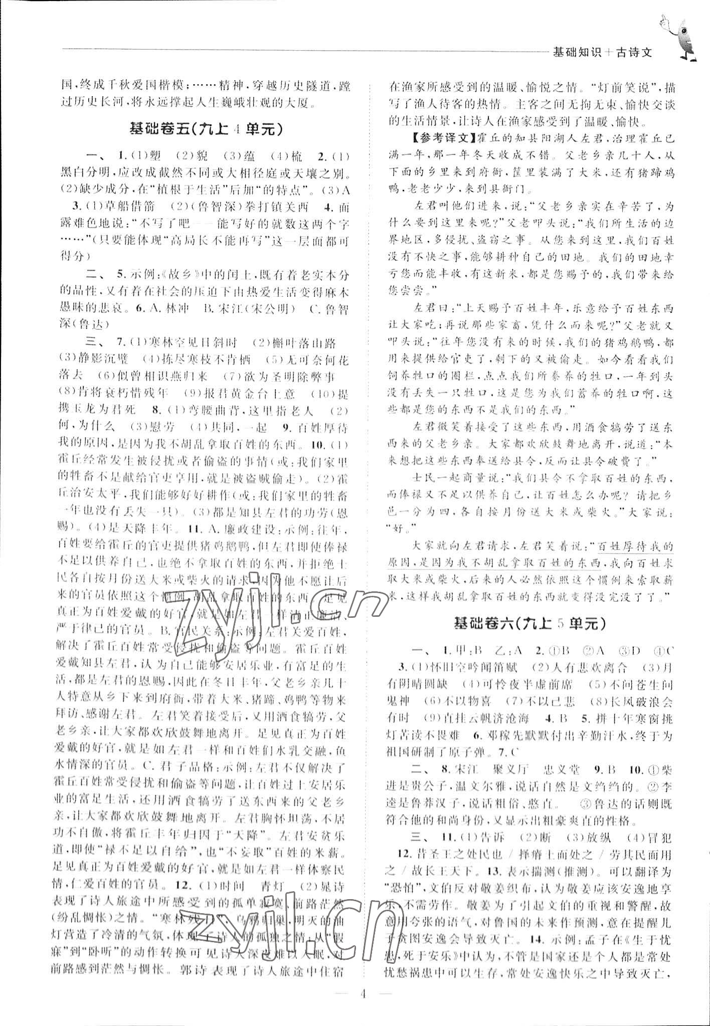 2023年初中語文基礎(chǔ)知識加古詩文天津科學(xué)技術(shù)出版社語文 參考答案第4頁