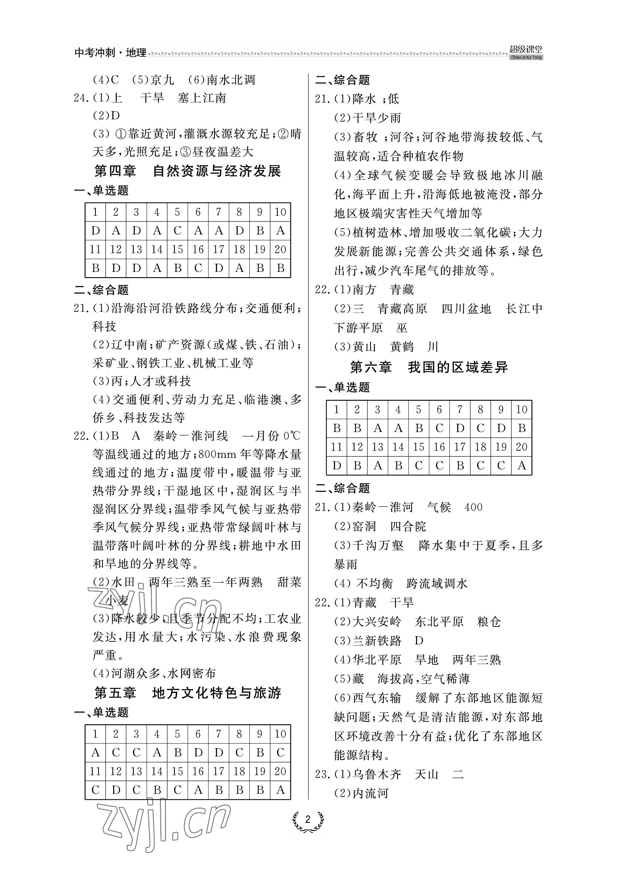 2023年超級(jí)課堂中考沖刺地理中考黃岡孝感咸寧專版 參考答案第2頁