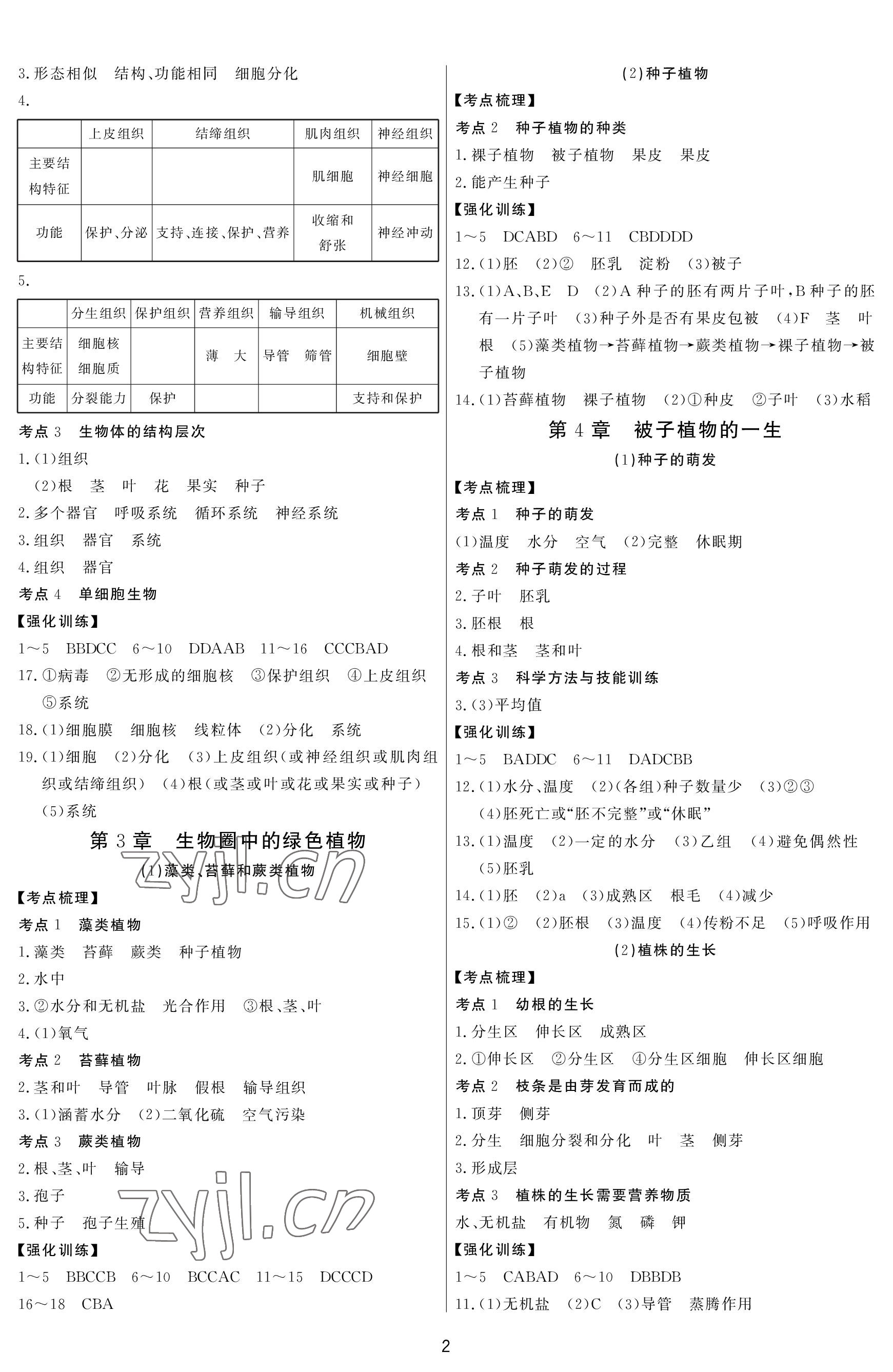 2023年超級課堂中考沖刺生物黃岡孝感咸寧專版 參考答案第2頁